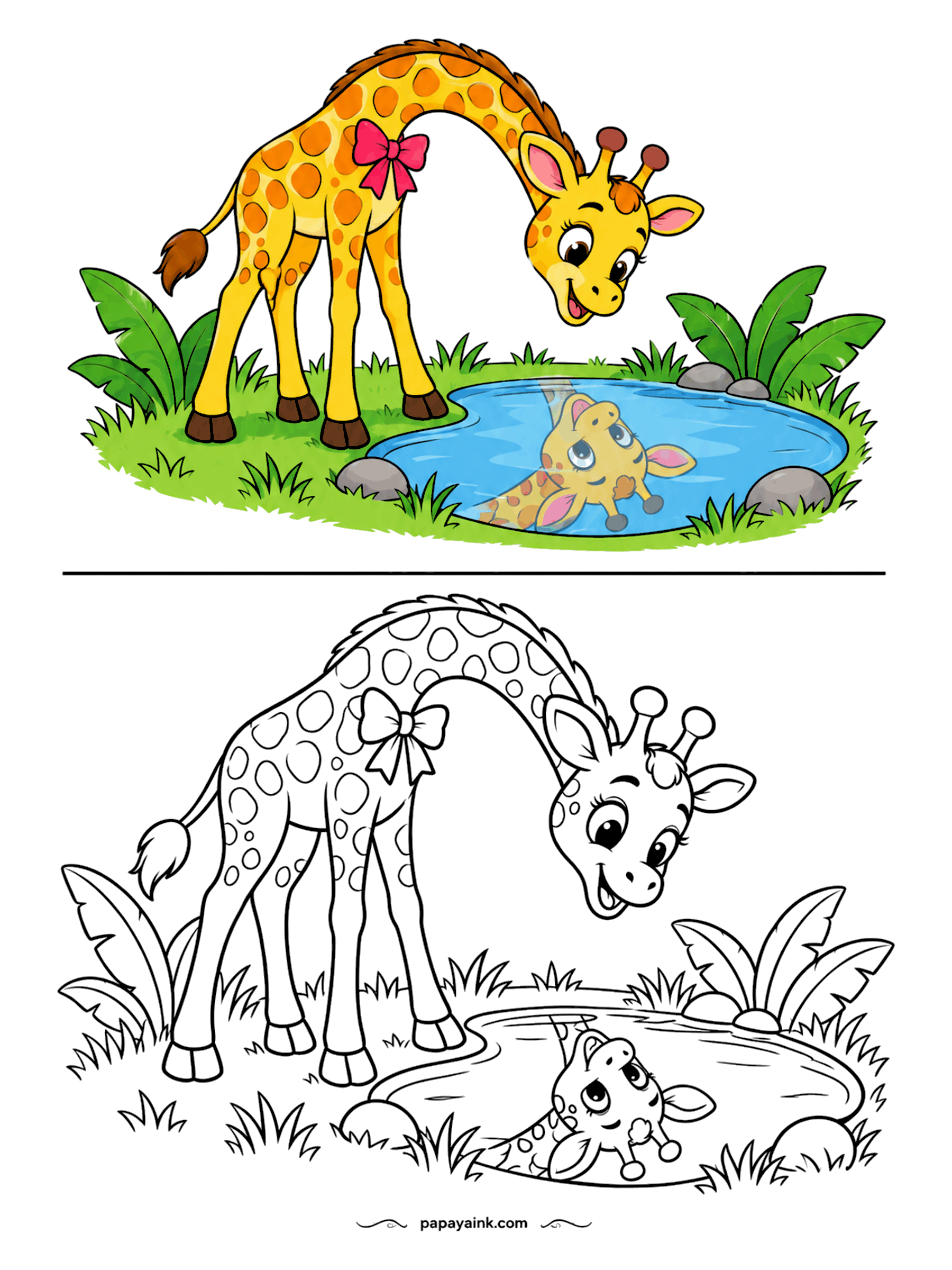 Copy Coloring Pages - A giraffe with a bow on its neck bends down to the pond and finds another giraffe smiling back up. To drink, giraffes have to splay their front legs wide. Keep the reflection paler than the real thing.