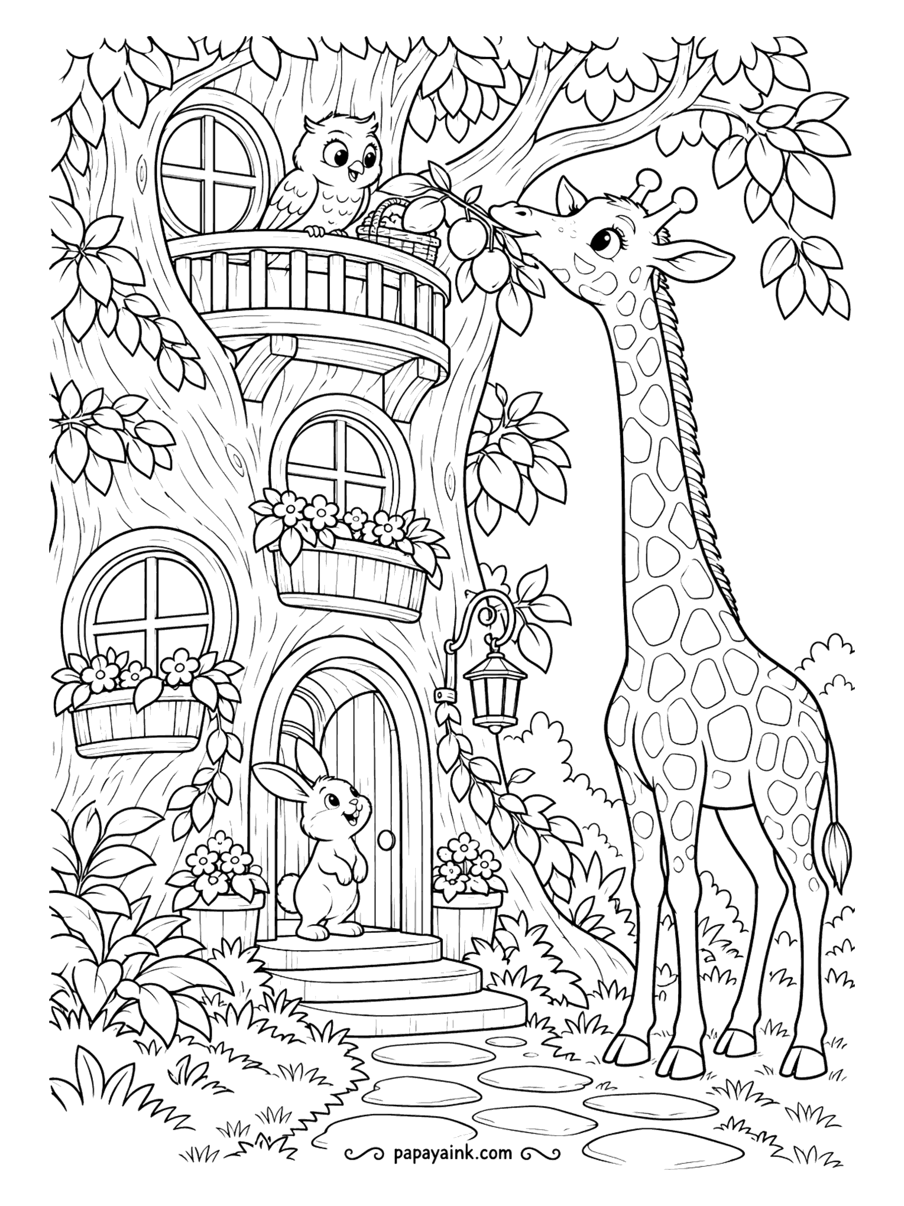 Giraffe Coloring Pages - A branch of ripe fruit hangs too high for everyone but the giraffe, who passes it up to the owl's basket on the treehouse balcony. Detailed.