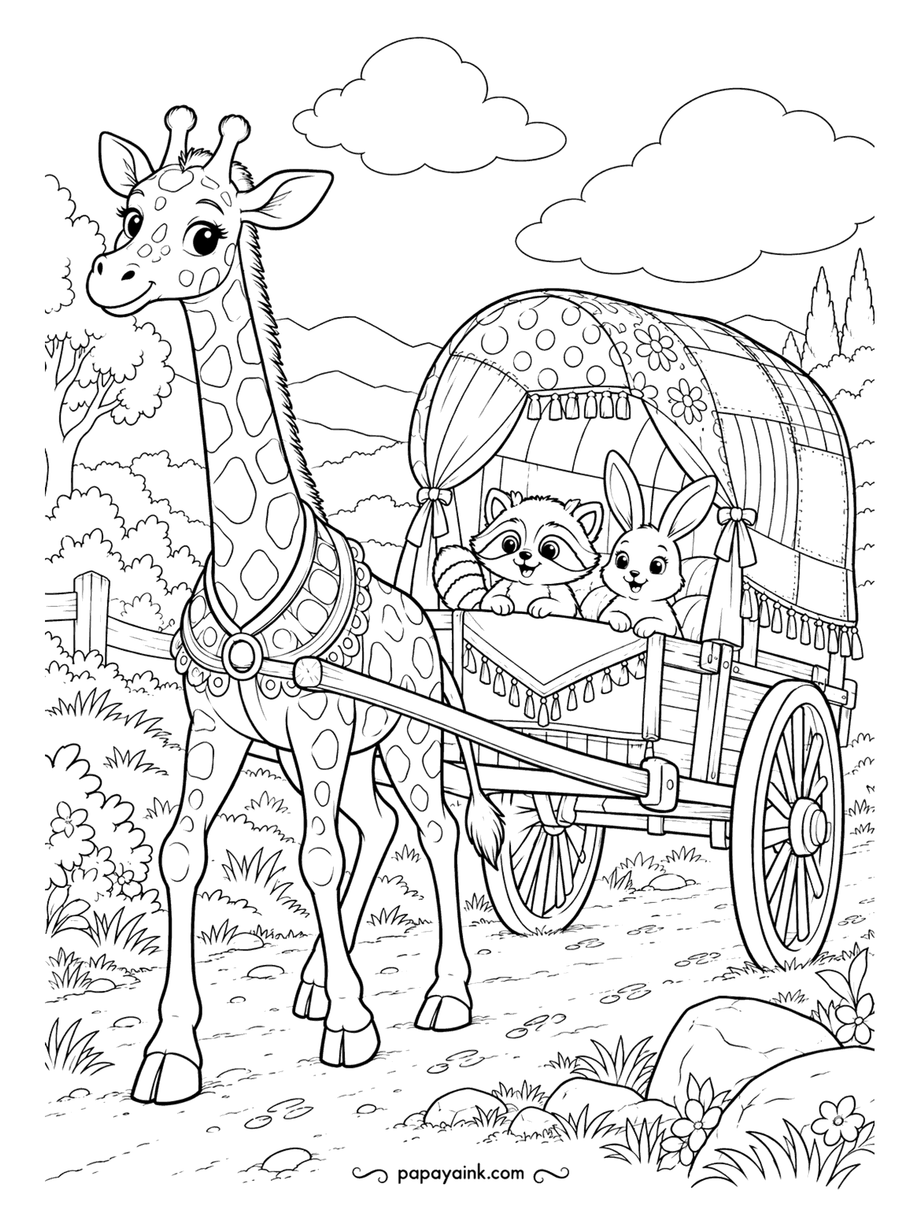 Giraffe Coloring Pages - Printable giraffe coloring page: a giraffe in harness pulls a patchwork-covered wagon with a raccoon and a bunny along for the ride.