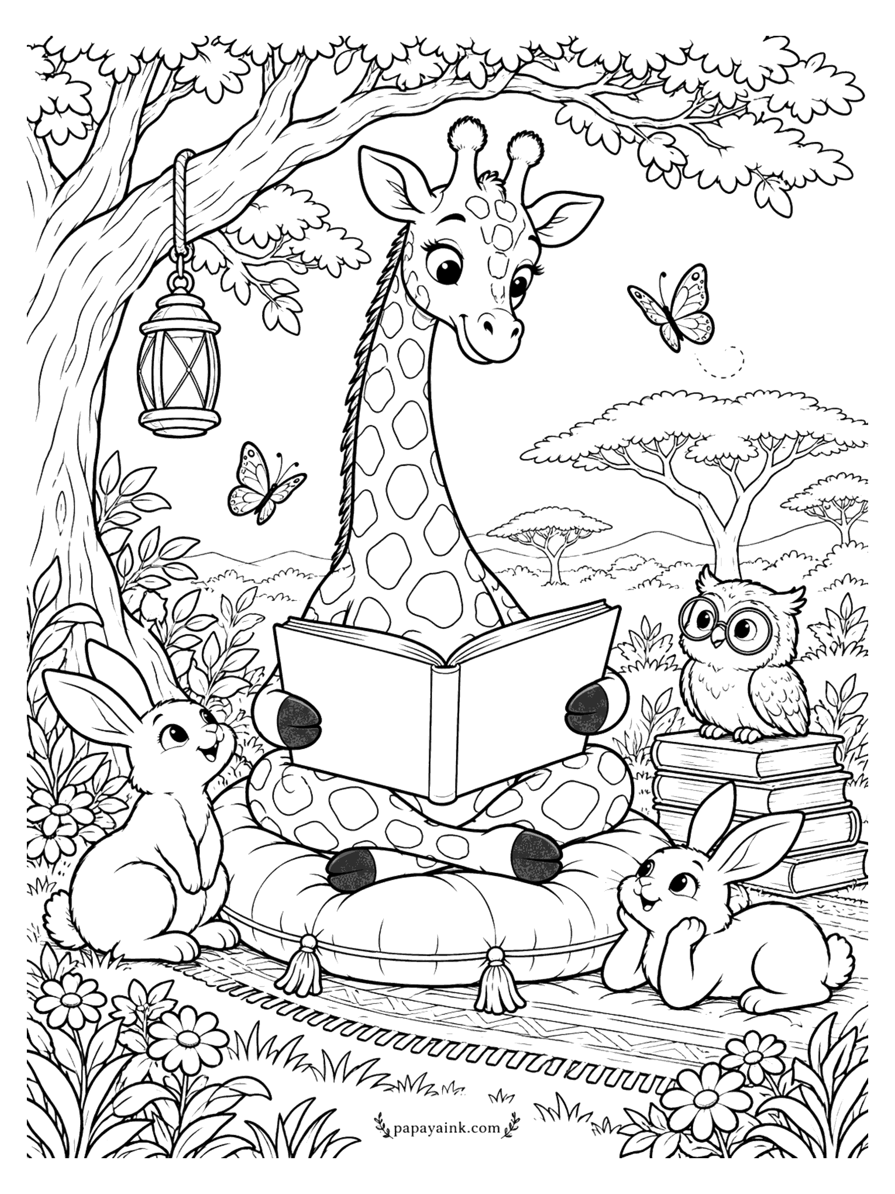 Giraffe Coloring Pages - Cute giraffe coloring page: story time under the tree with two bunnies, a lantern and an owl in glasses.