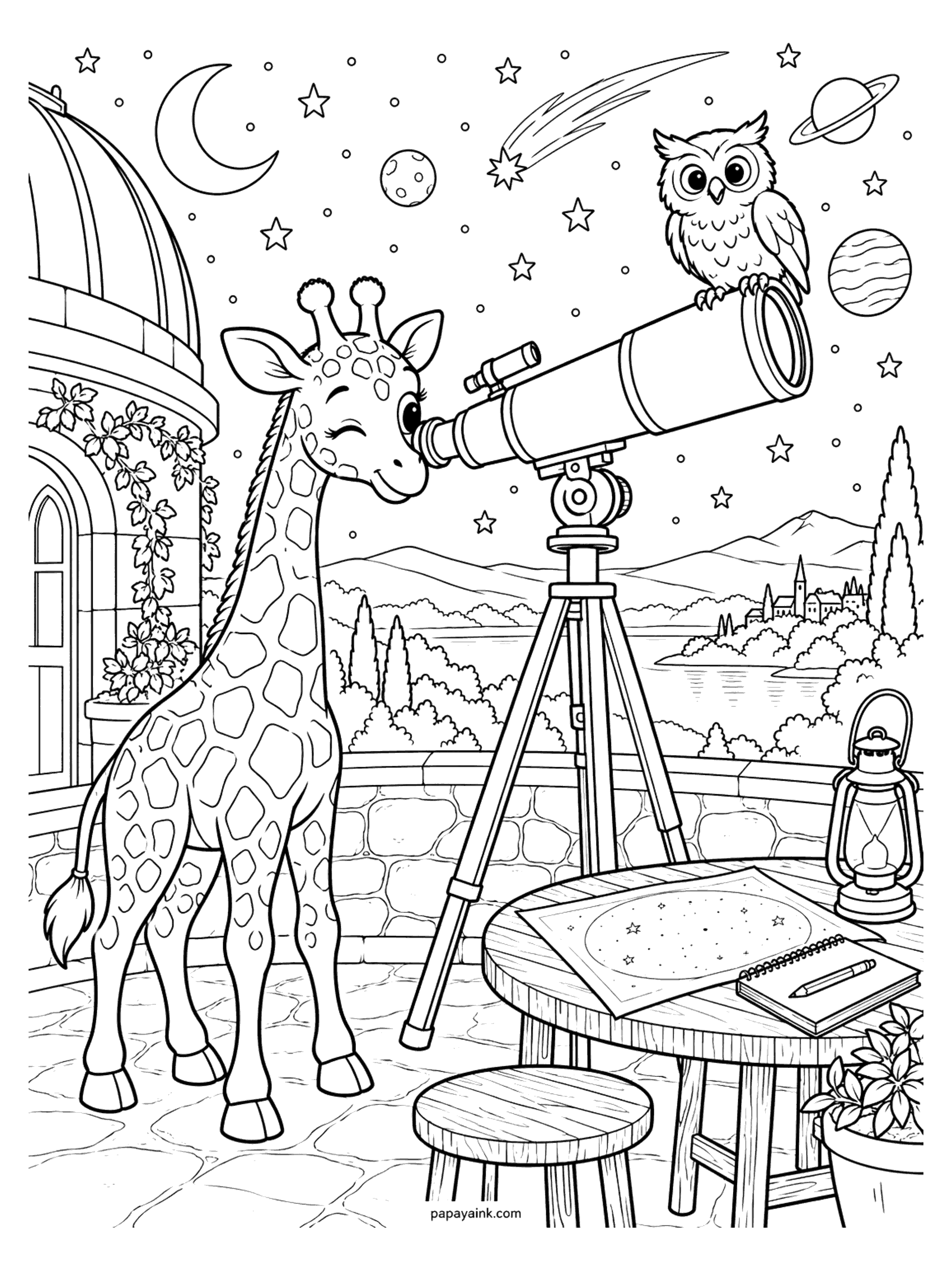 Giraffe Coloring Pages - A giraffe looks through a telescope at the moon, planets and a comet from an observatory terrace, with an owl on top.