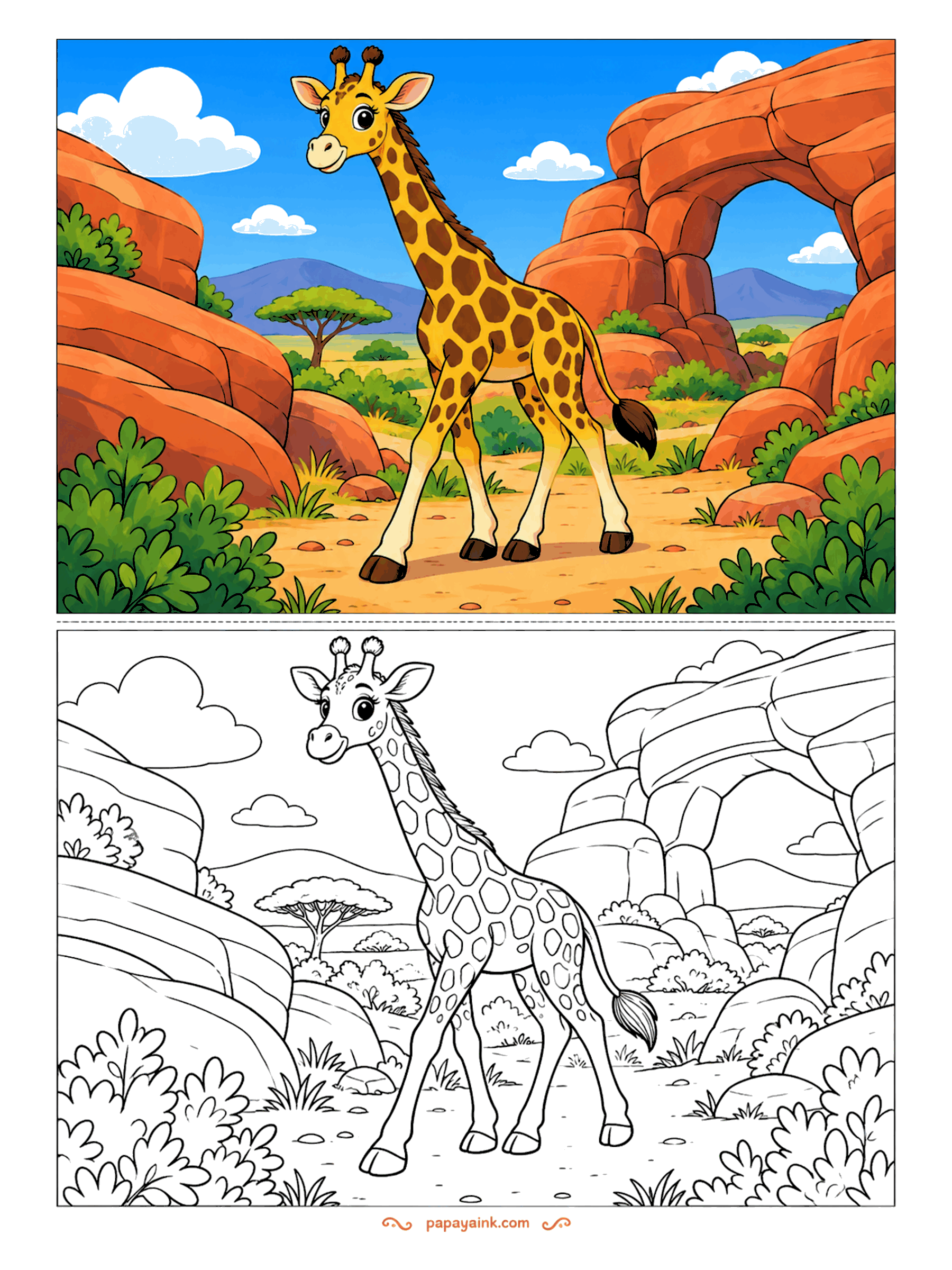 Giraffe Coloring Pages - Tall red rock walls and a natural stone arch frame a giraffe walking the canyon path, a good page for warm desert colors.