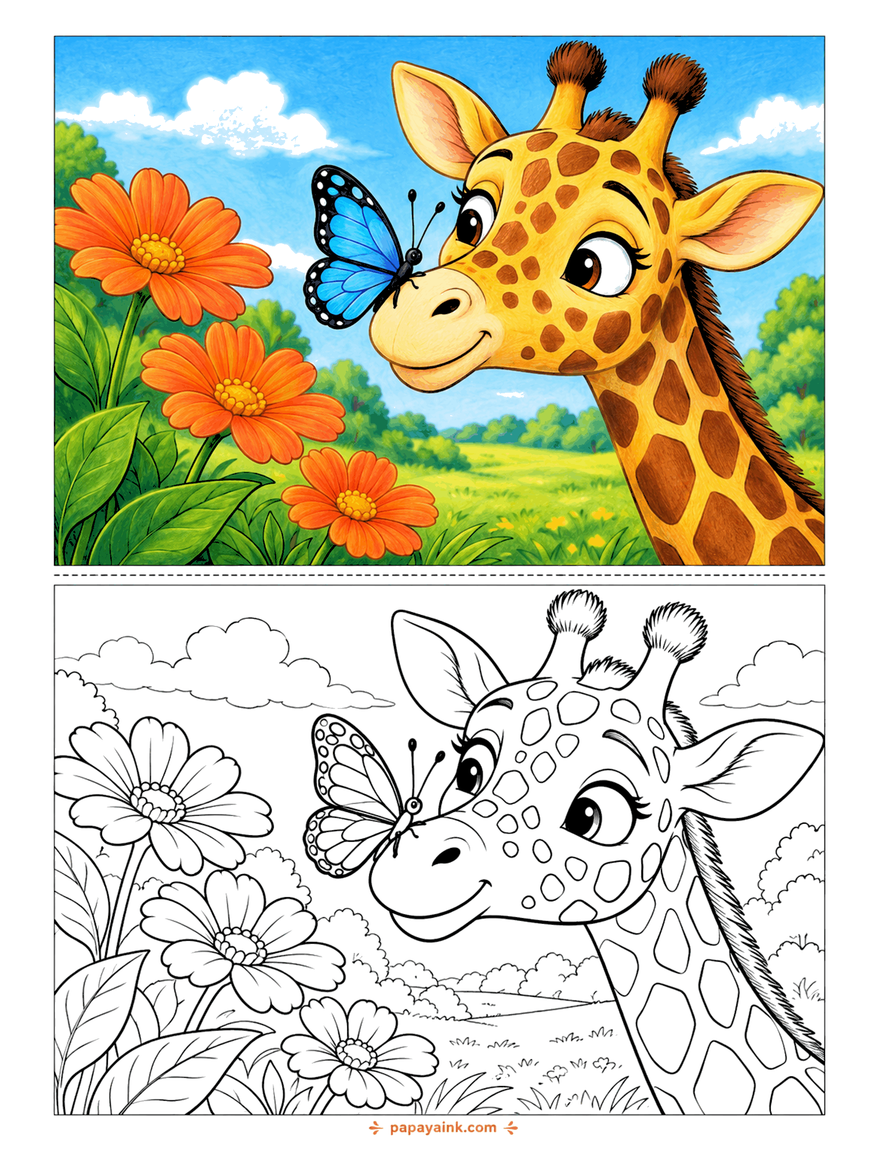Giraffe Coloring Pages - A blue butterfly lands right on the giraffe's nose in this close-up portrait framed by big orange daisies. Bold shapes, easy to color.
