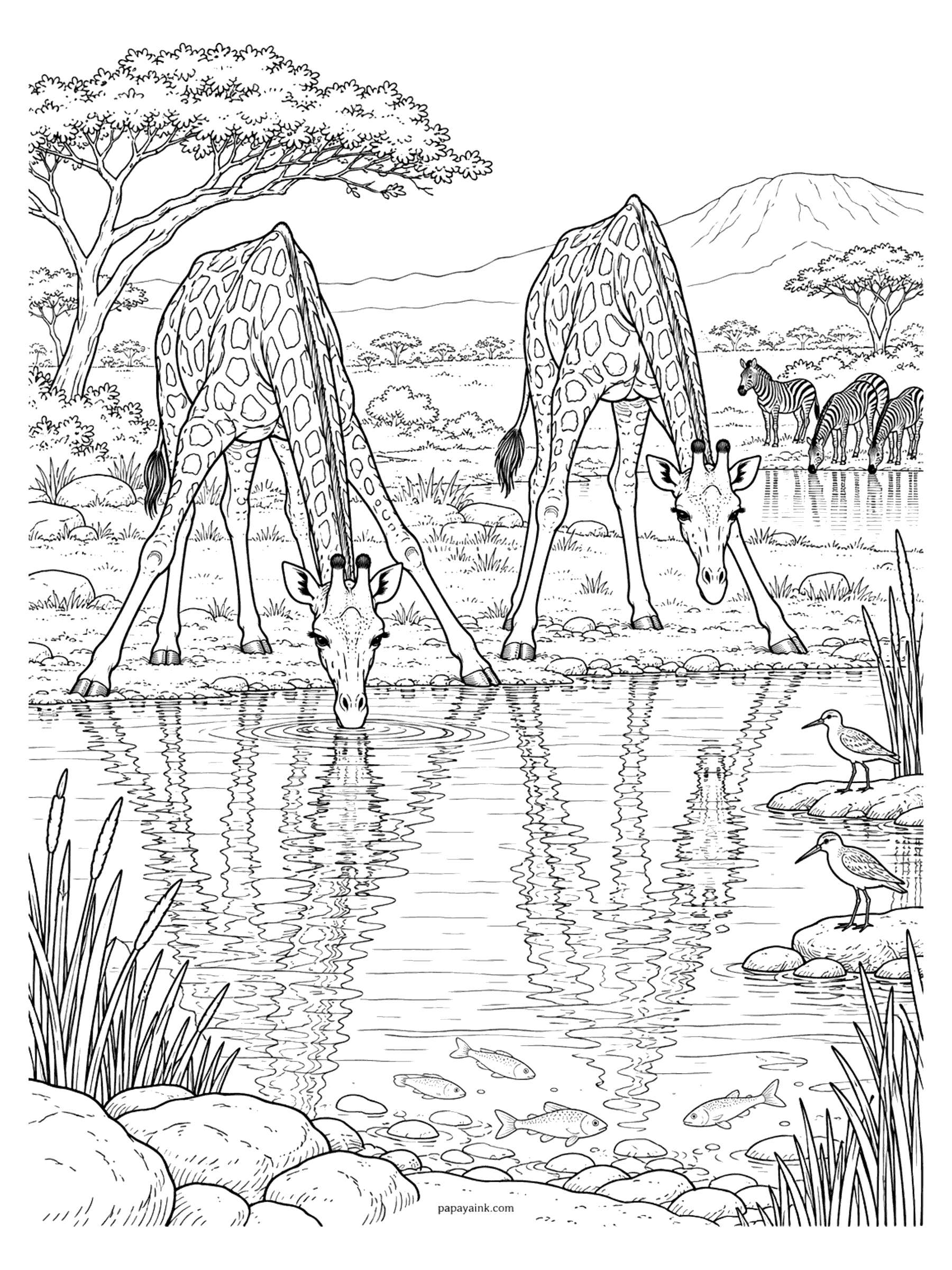 Giraffe Coloring Pages - Two giraffes spread their legs to drink, with rippling reflections, fish, shorebirds and zebras nearby. Detailed.
