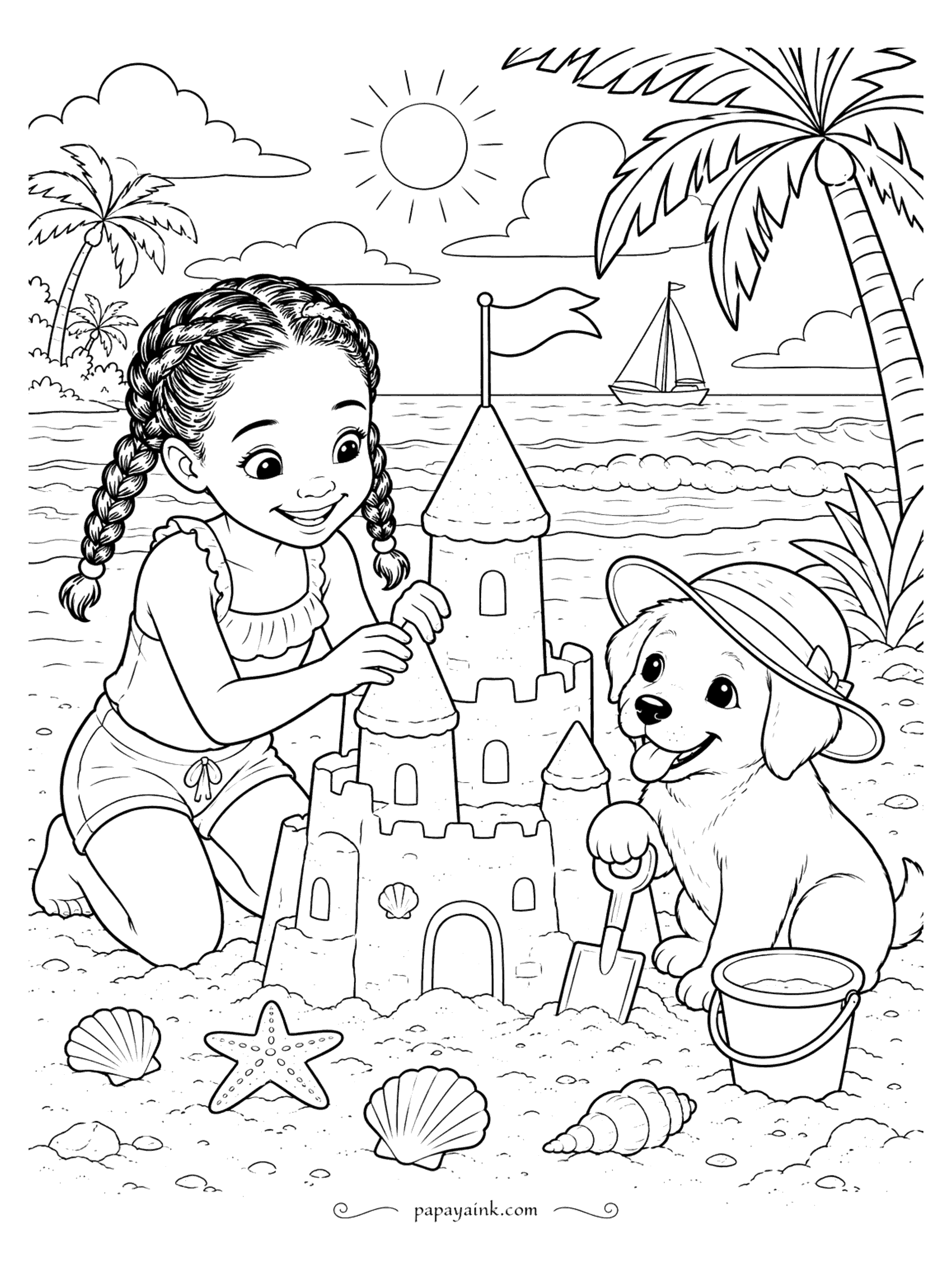 Puppy Coloring Pages - Girl and Puppy Coloring Page: Building a Sandcastle by the Sea