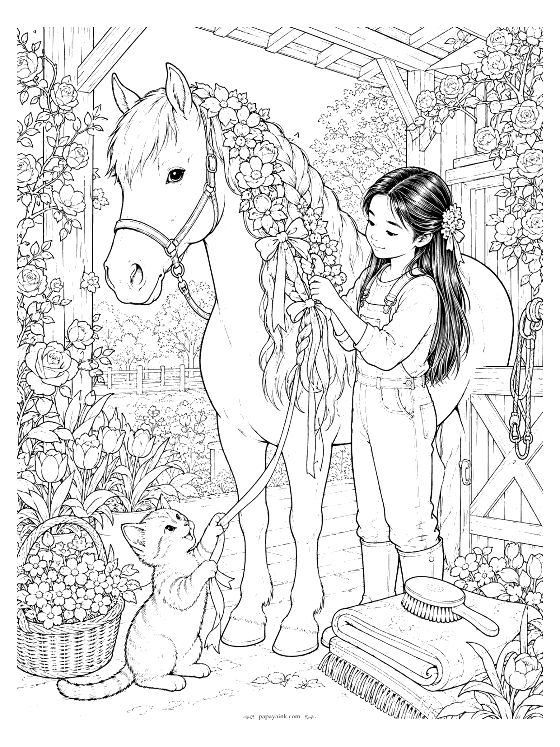 Horse Coloring Pages - A girl braids flowers and ribbons into a horse's mane under a rose-covered arbor while a tabby kitten tugs at a loose ribbon. Detailed.