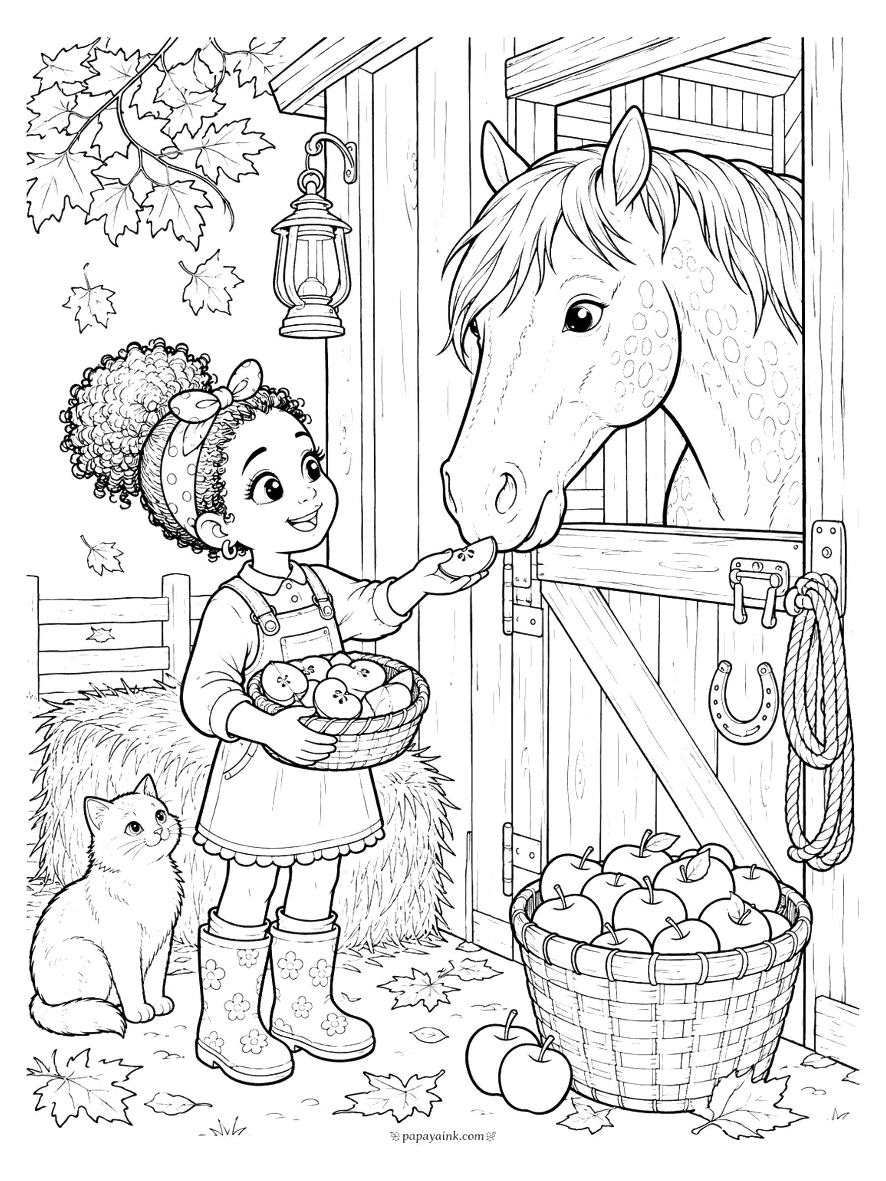 Horse Coloring Pages - A girl with a bow in her curls feeds an apple slice to a spotted appaloosa leaning out of its stall, with a cat, a lantern and a basket of apples in the fall leaves.
