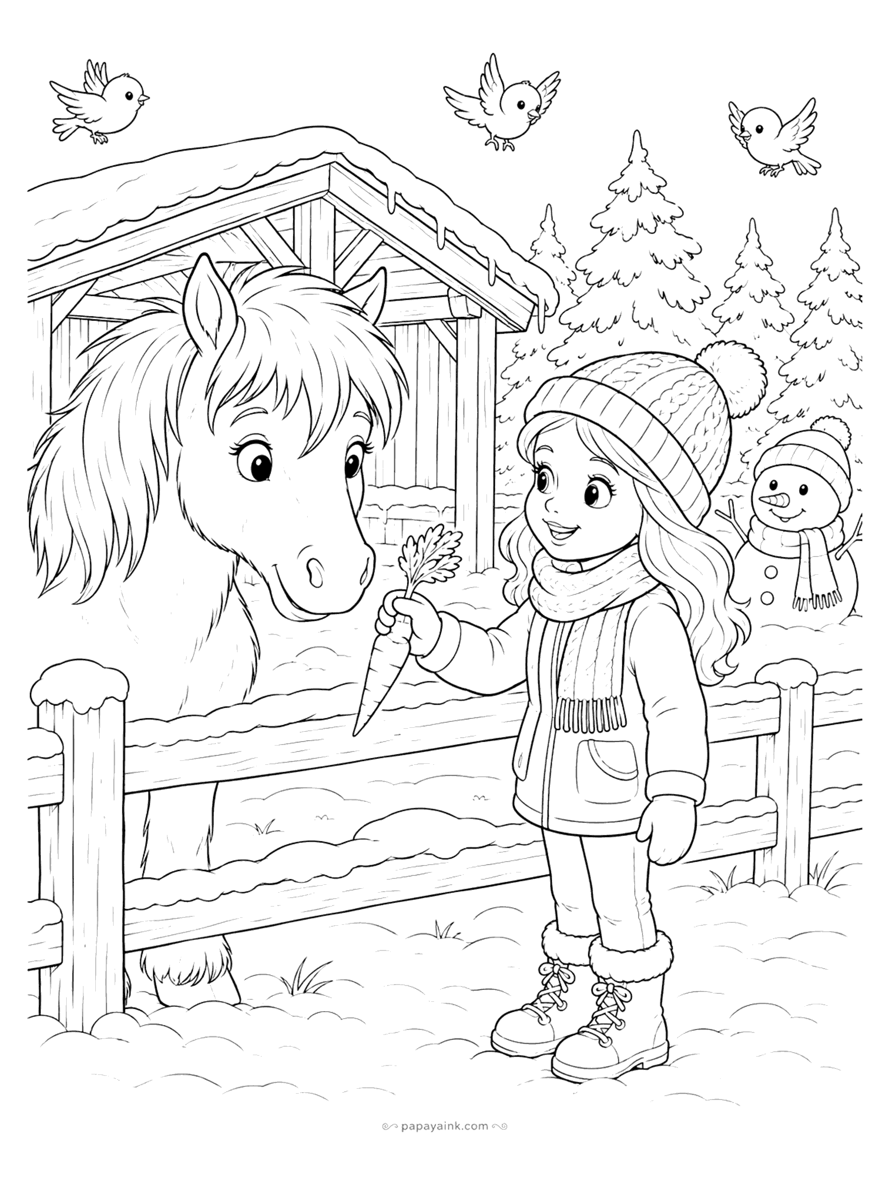 Horse Coloring Pages - A girl in a knit hat and scarf offers a carrot to a fluffy pony over a snowy fence, with a snowman, birds and frosted pine trees behind.