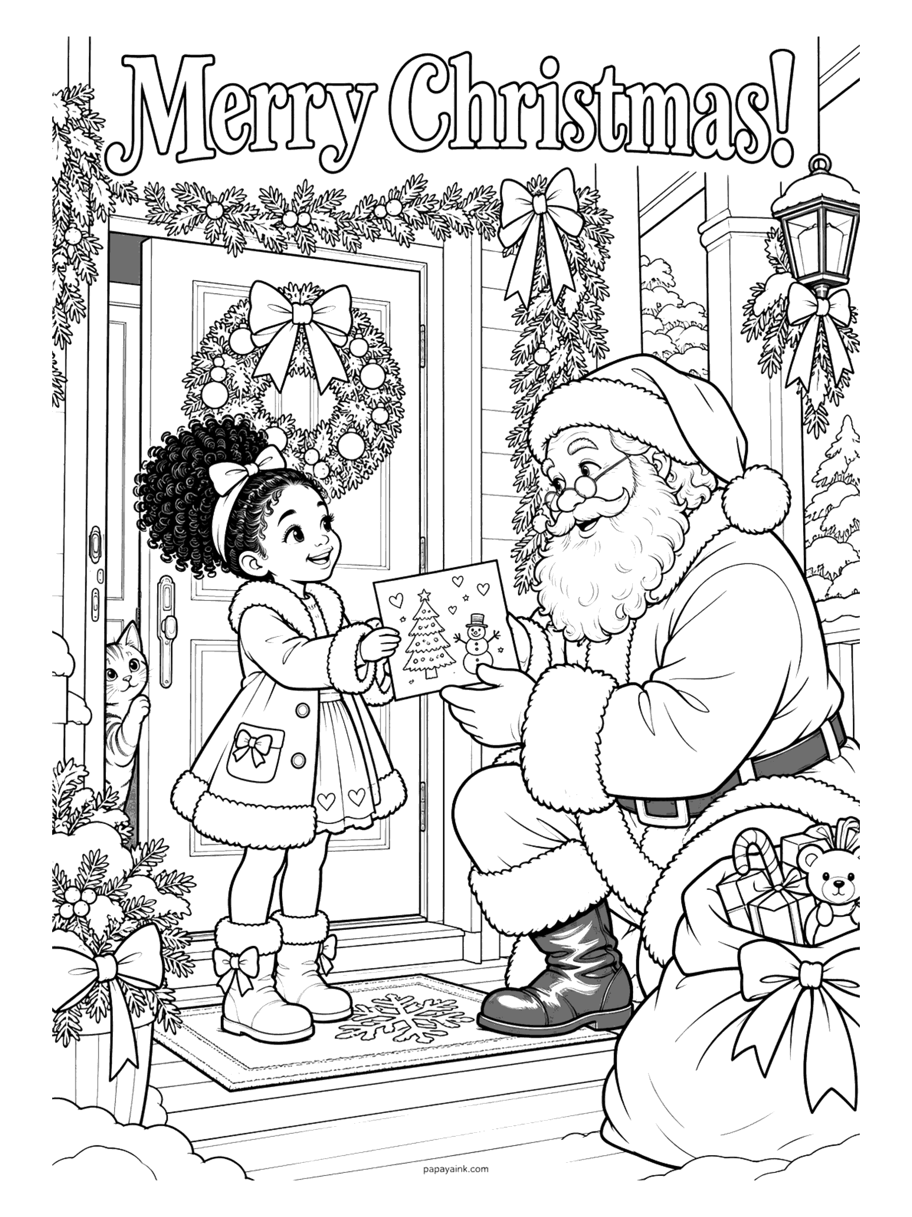 Merry Christmas Coloring Pages - A little girl hands Santa a handmade Christmas card on her front porch while a cat peeks around the door. Detailed