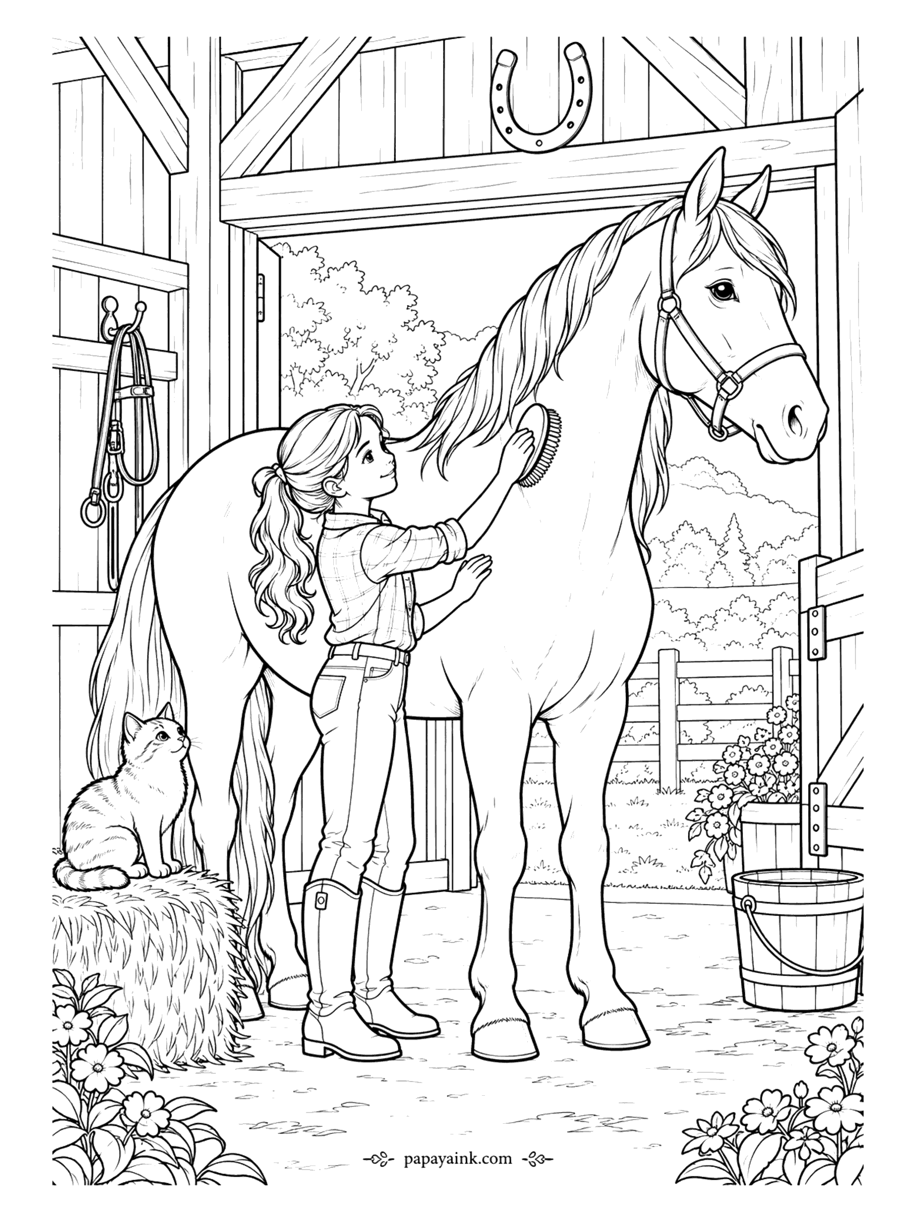 Horse Coloring Pages - Brush in hand, a girl in a plaid shirt works on the horse's shoulder while a tabby cat supervises from a hay bale. Bridles on the wall, a horseshoe over the door, a bucket and a pot of flowers by the post. Medium detail, clear shapes.