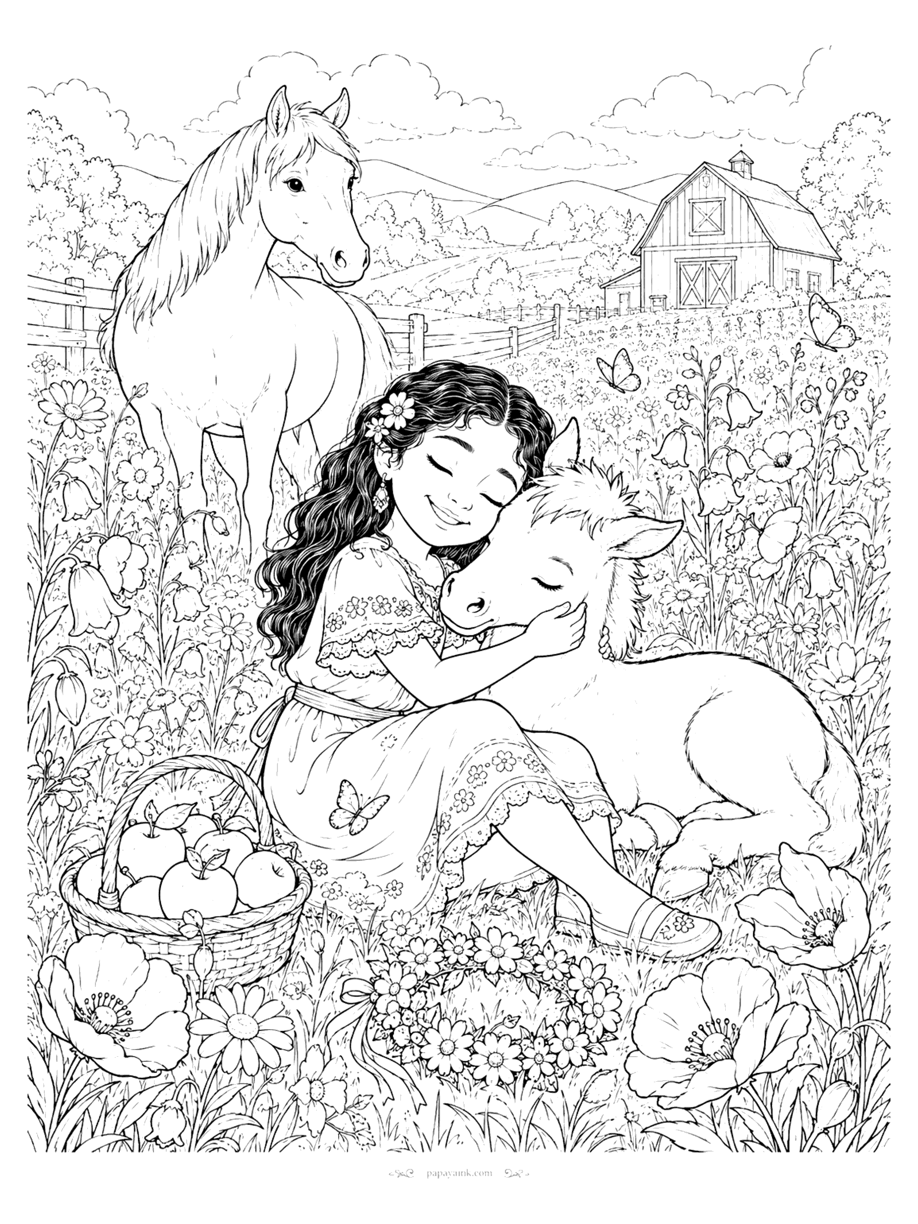 Horse Coloring Pages - A girl with long curly hair hugs a sleepy foal in a meadow full of poppies and daisies, with a basket of apples beside her and the mare grazing near the barn. Detailed.