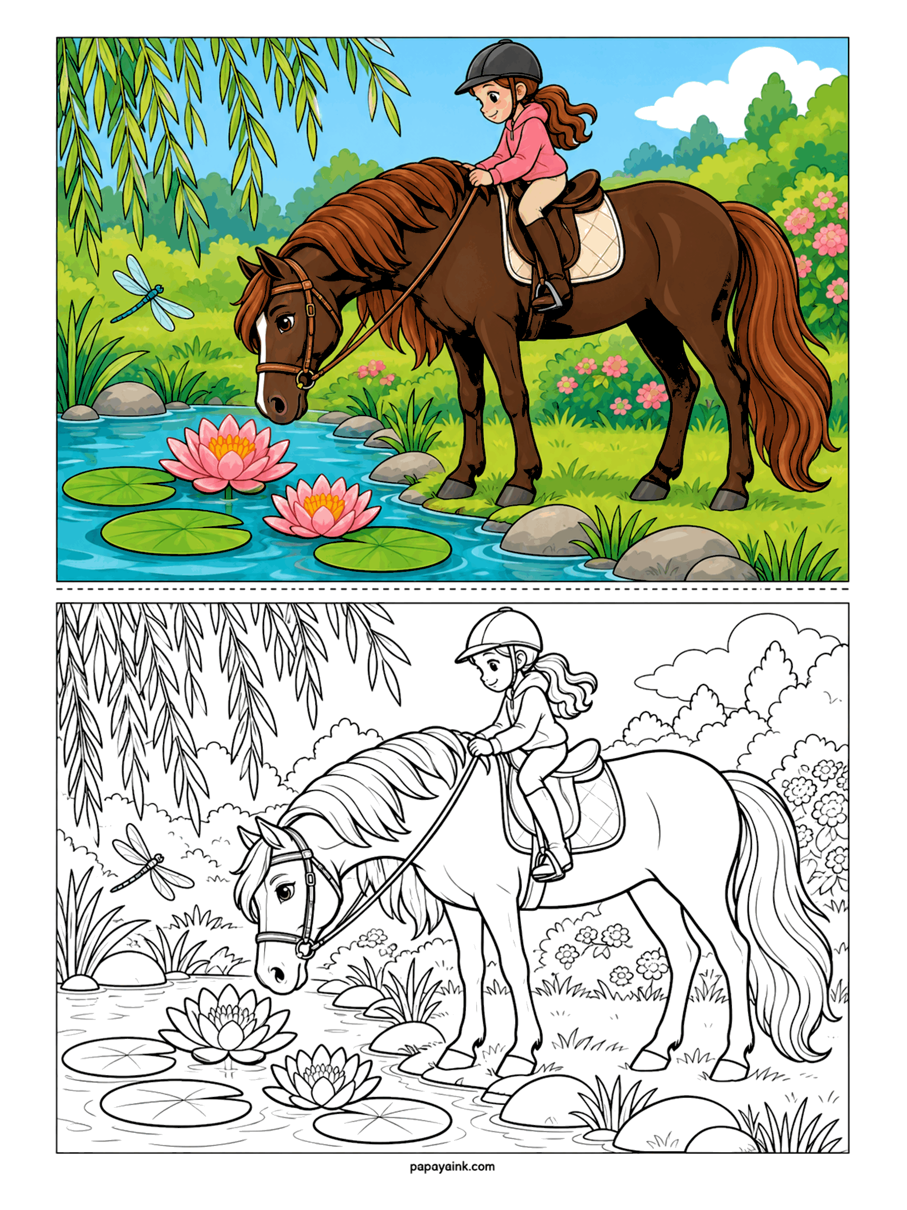 Horse Coloring Pages - The horse wanted a drink, so the ride is on pause. A dark brown mare lowers her head to a pond full of pink water lilies while her rider waits under the willow and a dragonfly hovers past. Detailed - lily pads, willow fronds and flowering bushes.