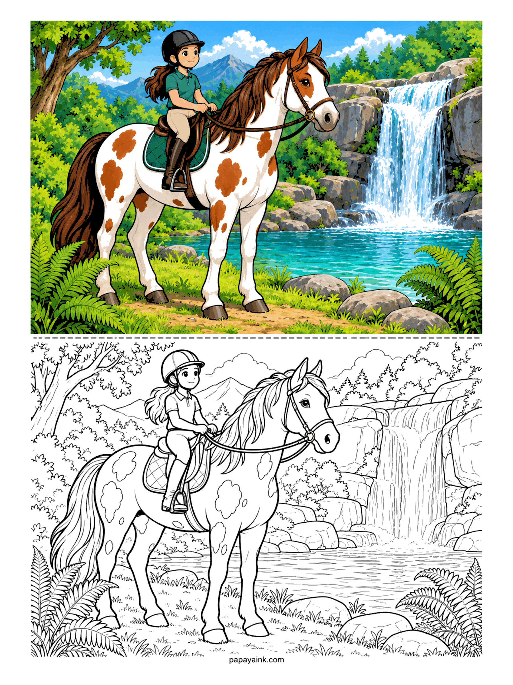 Horse Coloring Pages - Trail stop at the waterfall. A girl in a green polo sits her spotted horse on a mossy bank while the water drops into a turquoise pool below. Ferns, boulders and a far mountain. Detailed - the brown patches and the falling water both reward patience.
