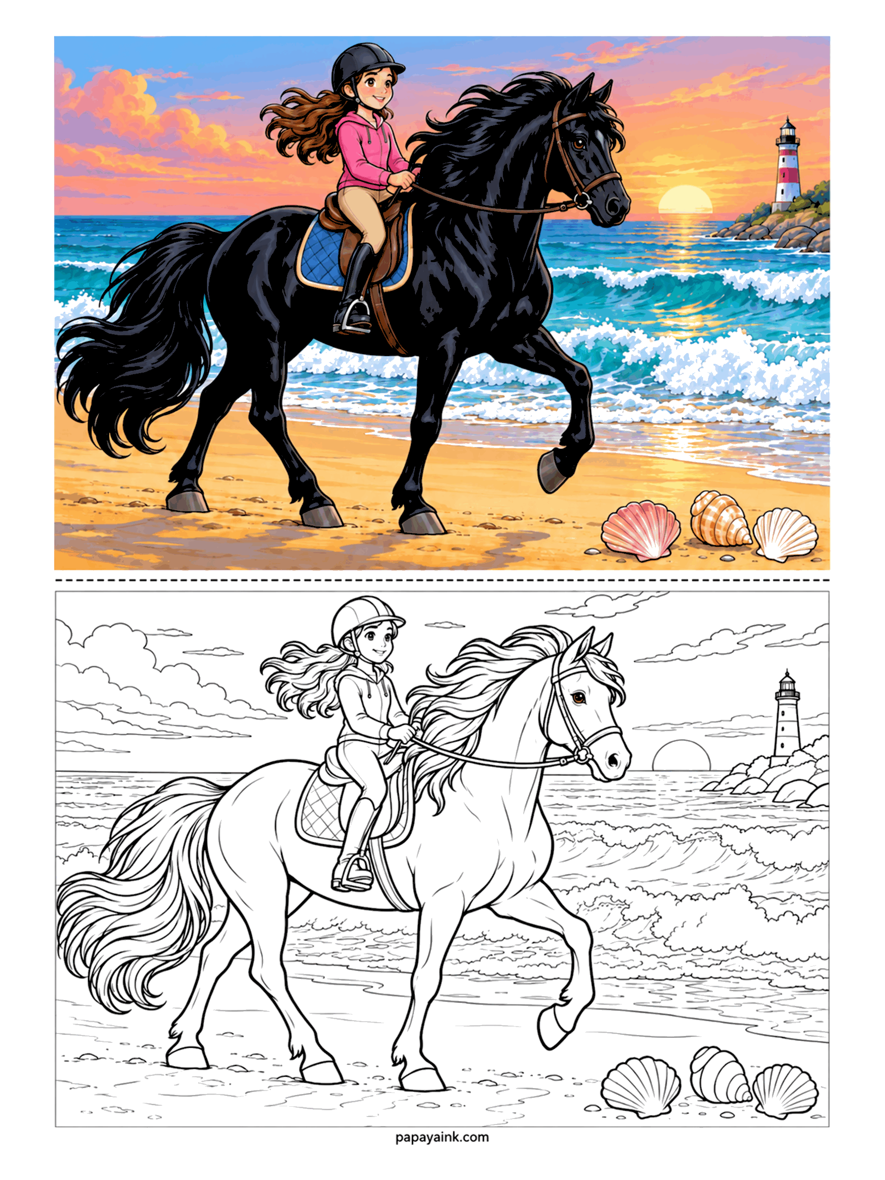 Horse Coloring Pages - Sunset ride at the water's edge. A black horse lifts a foreleg high through the foam while his rider grins under her helmet, hair streaming, the lighthouse on the point behind them. Three shells on the sand for an easy warm-up. Detailed - clouds, surf and all that mane.