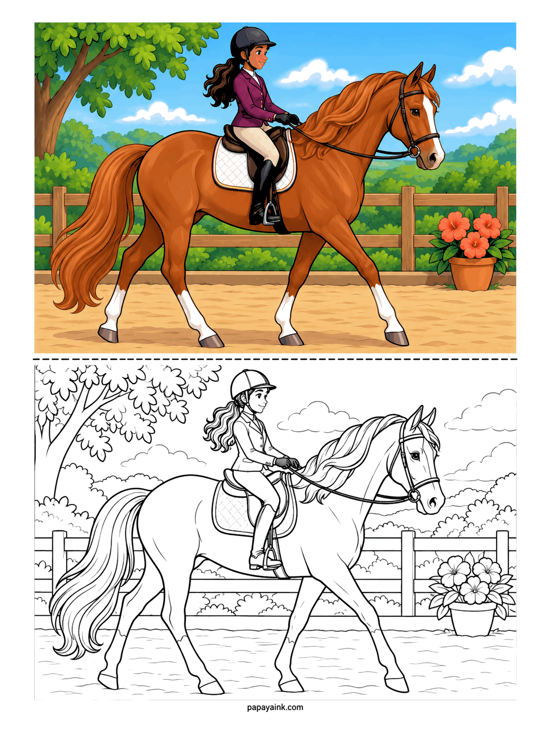 Horse Coloring Pages - Show day. A rider in a plum jacket and tall boots trots her chestnut around the sand arena, four white socks flashing, a pot of red flowers by the rail. Clean lines and plenty of open space - a good first page for anyone new to horses.