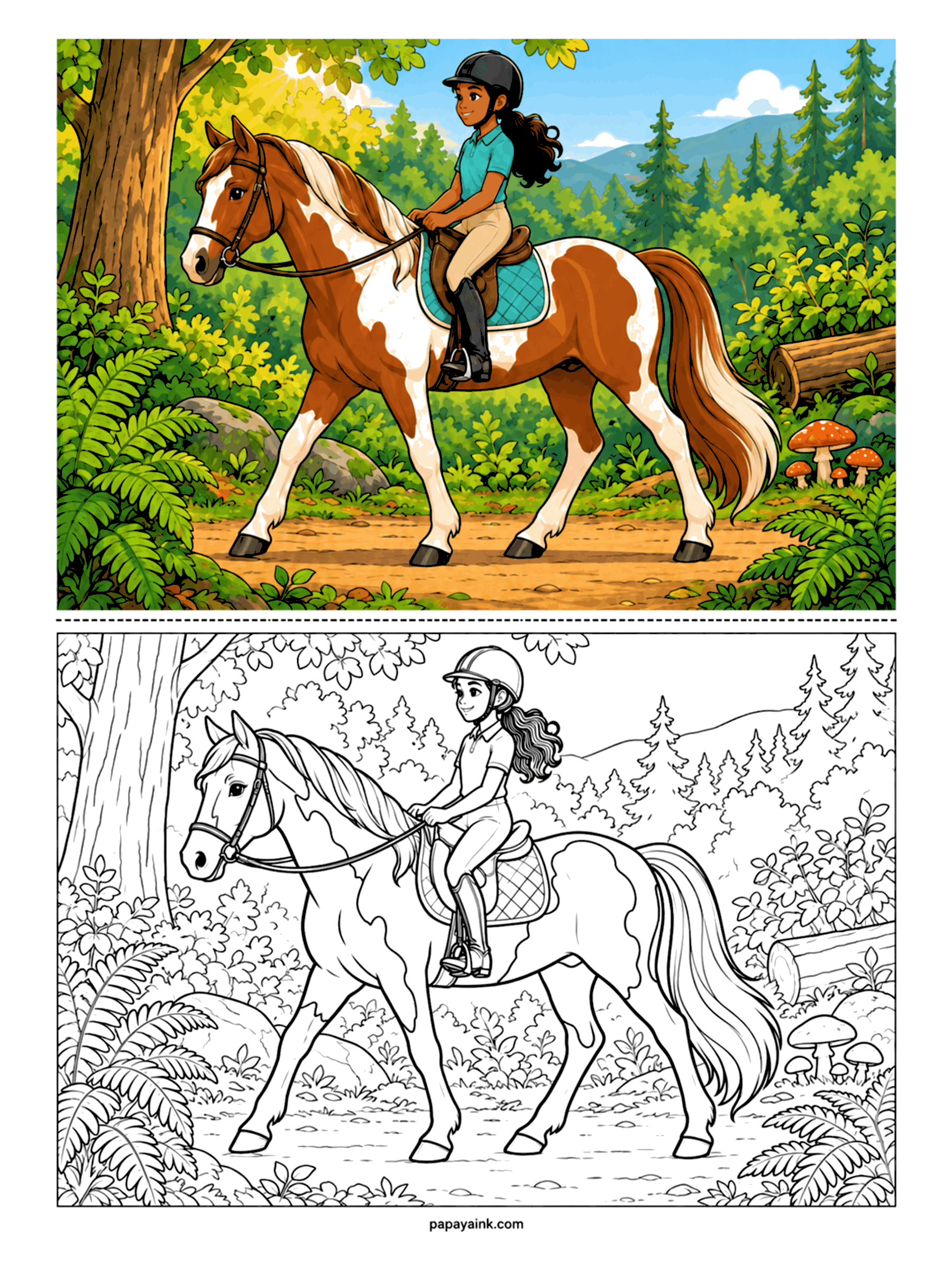 Horse Coloring Pages - Deep in the woods, a pinto picks its way along a shady trail with a rider in a teal polo. Ferns, a fallen log, three toadstools, a mountain gap through the trees. Detailed - and the patches are an invitation to invent your own pattern instead of copying the sample.