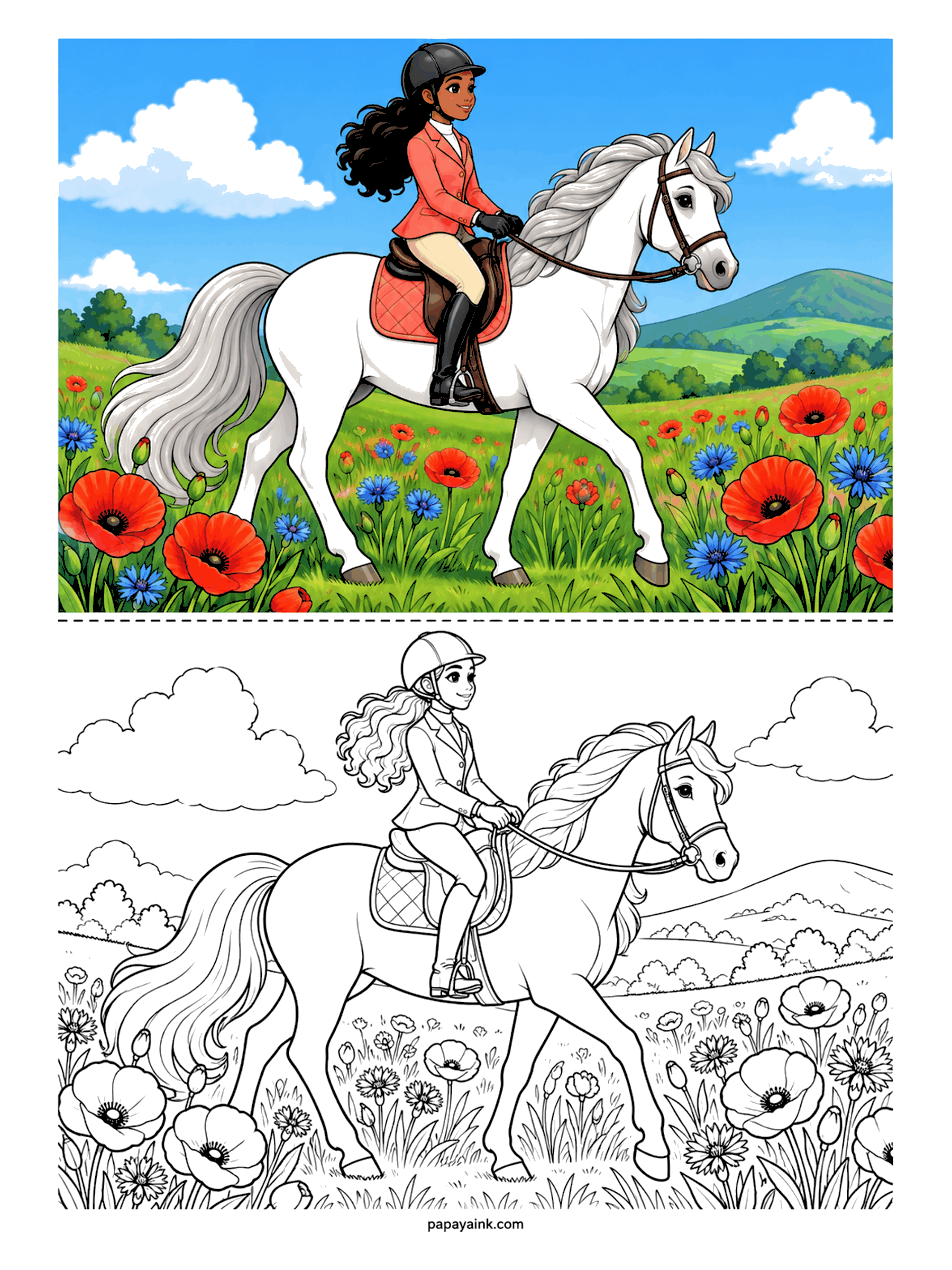 Horse Coloring Pages - A rider in a coral show coat canters a white horse through a meadow of red poppies and blue cornflowers, green hills rolling behind. The flowers do the heavy lifting - the horse needs only a touch of gray in the mane and tail. Detailed.