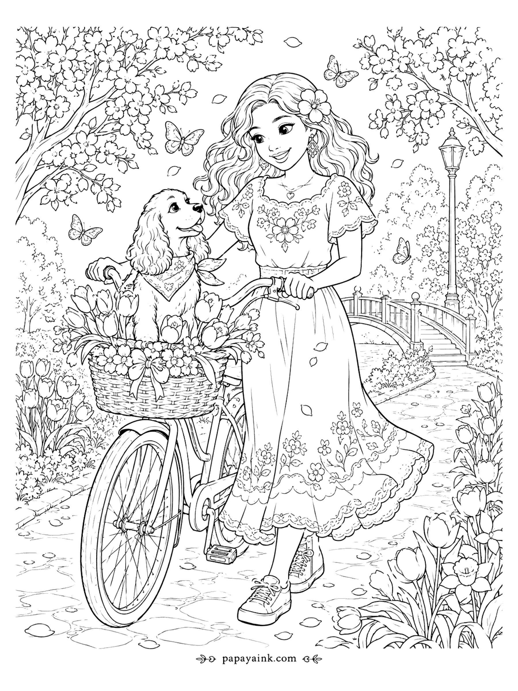 Puppy Coloring Pages - Girl and Puppy Coloring Page: Cocker Spaniel in a Bicycle Basket Full of Tulips (Detailed)