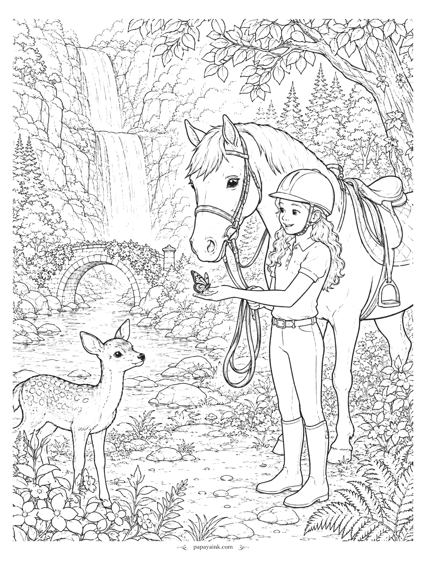 Horse Coloring Pages - A rider in a helmet holds a butterfly on her fingertip as a fawn watches, with her saddled horse, a stone bridge and a waterfall behind them. Detailed.