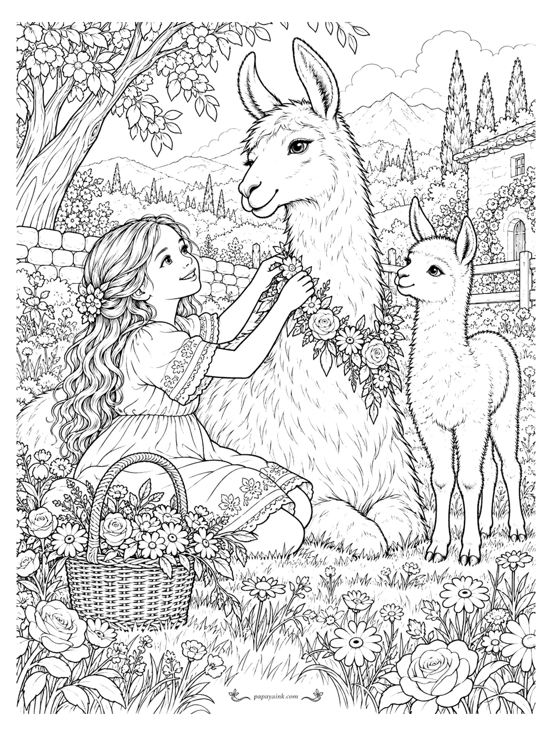 Llama Coloring Pages - A girl places a flower garland around a llama's neck while a curious cria watches, with a basket of roses, a stone wall and a village in the hills behind them. Detailed