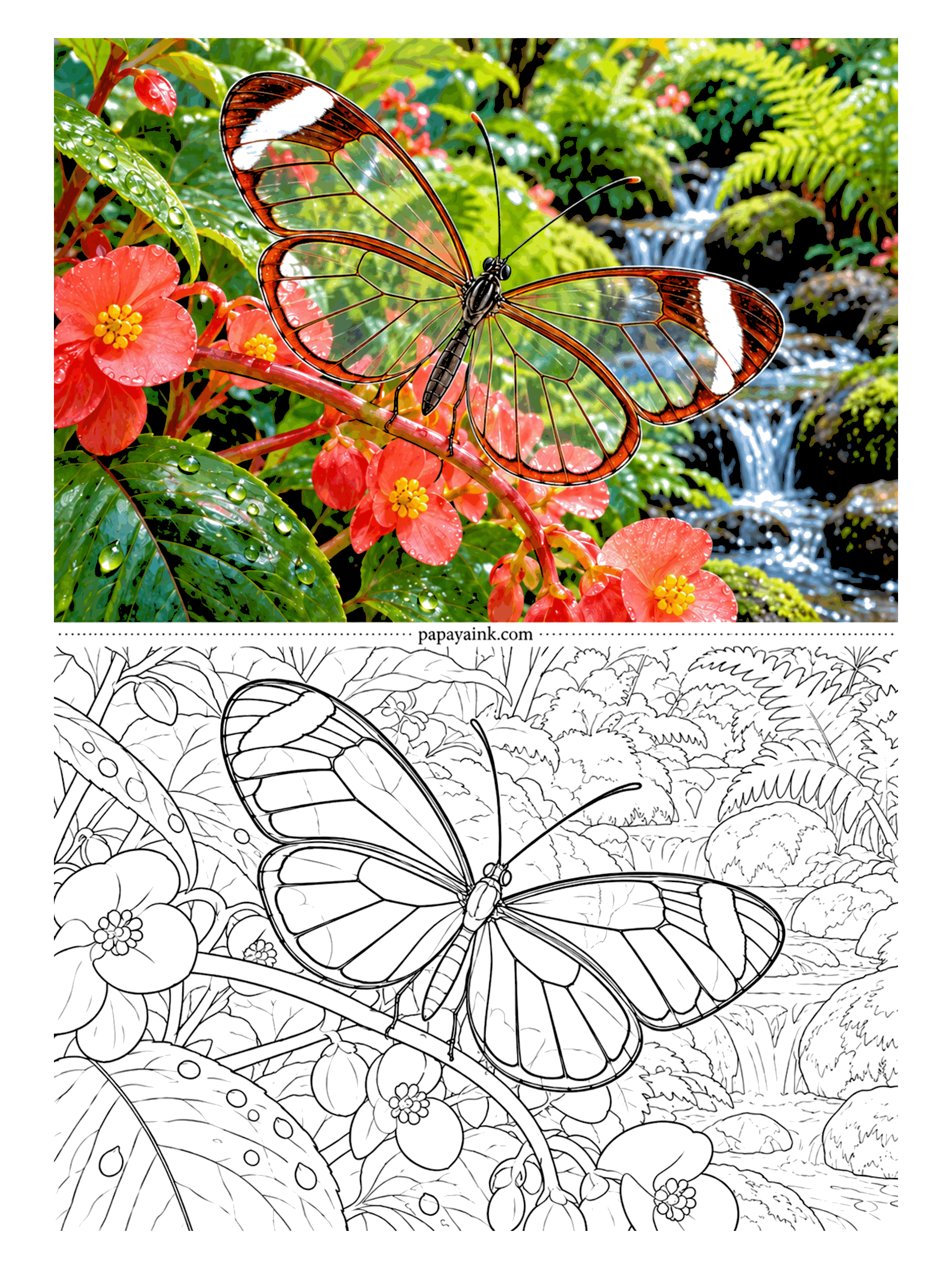 Butterfly Coloring Pages - The glasswing has almost no color of its own. Its wing panes are transparent, edged in amber and tipped with white, so color what shows through them: begonia leaves, wet stones, the little stream. A quiet, unusual page.