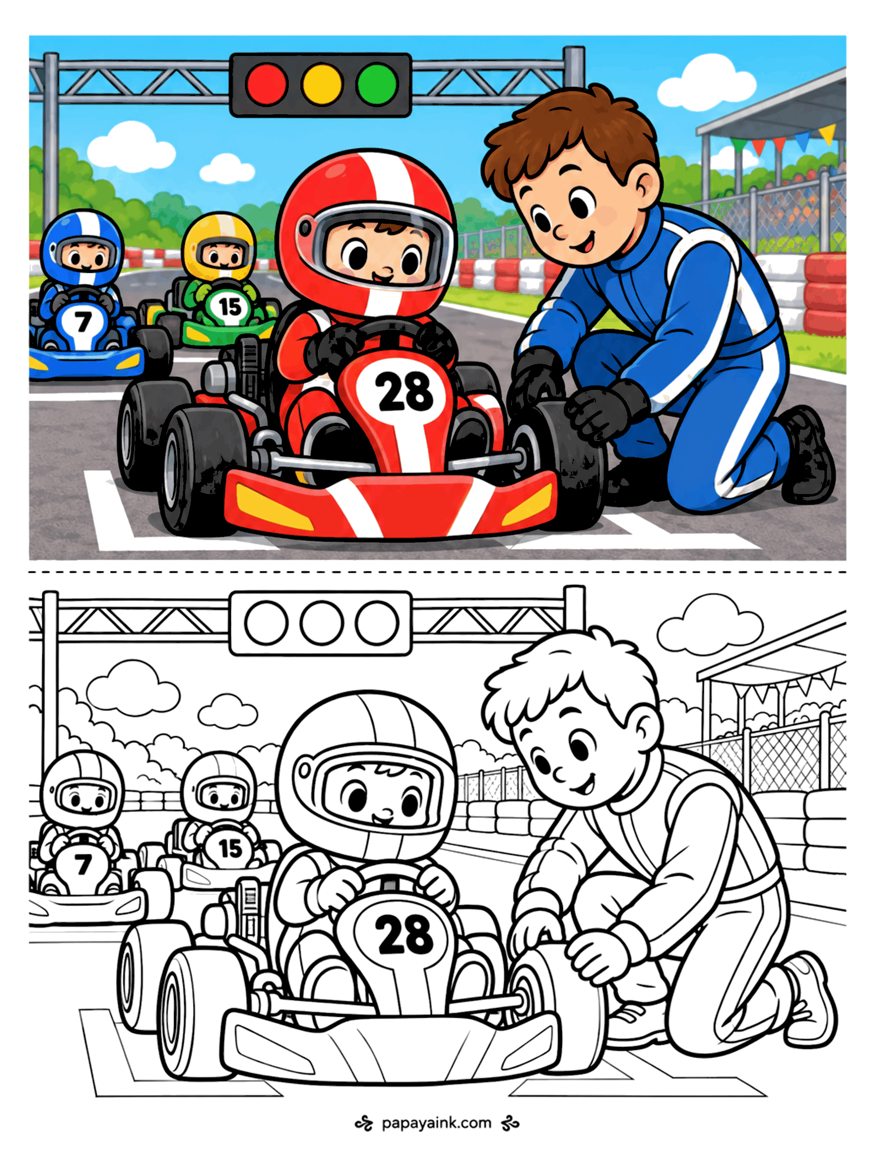 Race Car Coloring Pages - A mechanic checking a go-kart on the starting grid while a young driver waits under the start lights.