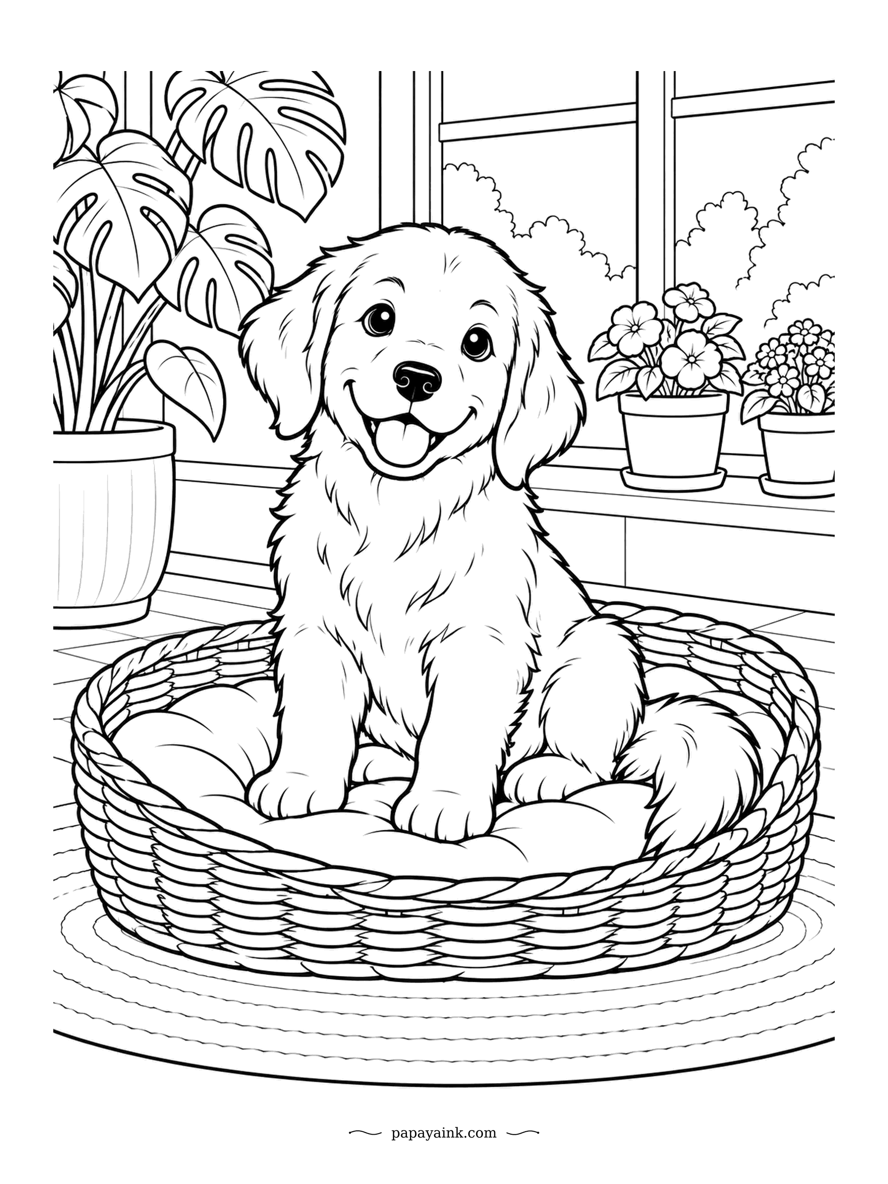 Puppy Coloring Pages - The wicker bed stands in the sunniest spot of the conservatory, and the golden youngster has claimed it with a huge grin. Monstera fronds and potted flowers fill the room. Soft honey tones suit that fluffy coat.