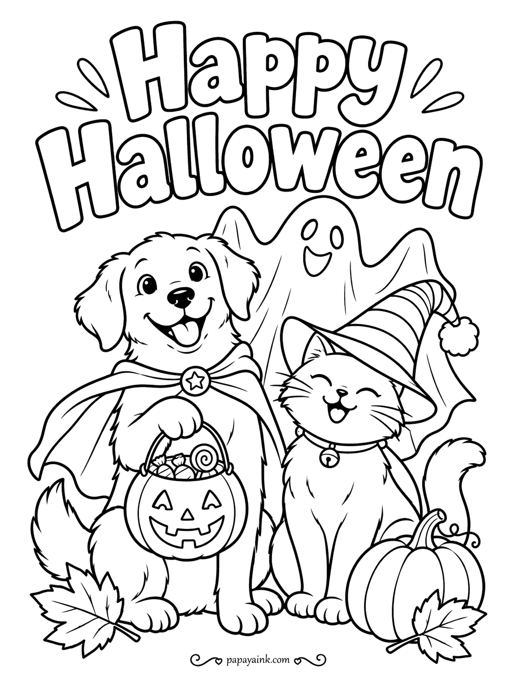 Halloween Coloring Pages - A golden retriever in a star cape and a cat in a striped witch hat pose with their candy bucket, and a ghost photobombs from behind. Large shapes, long fur - good for markers.