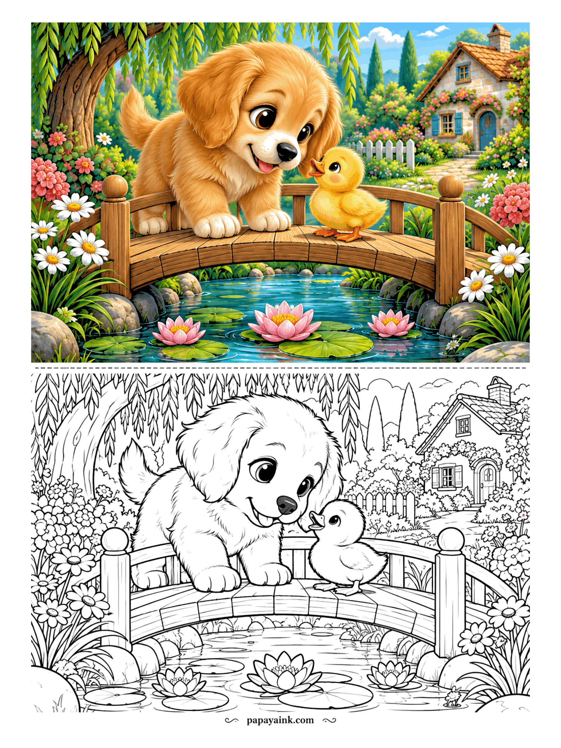 Puppy Coloring Pages - A golden retriever puppy meets a duckling halfway across the garden bridge, and neither one is sure who should go first. Water lilies below, a stone cottage behind, willow branches above. Mid-size shapes throughout - a comfortable page for any age.