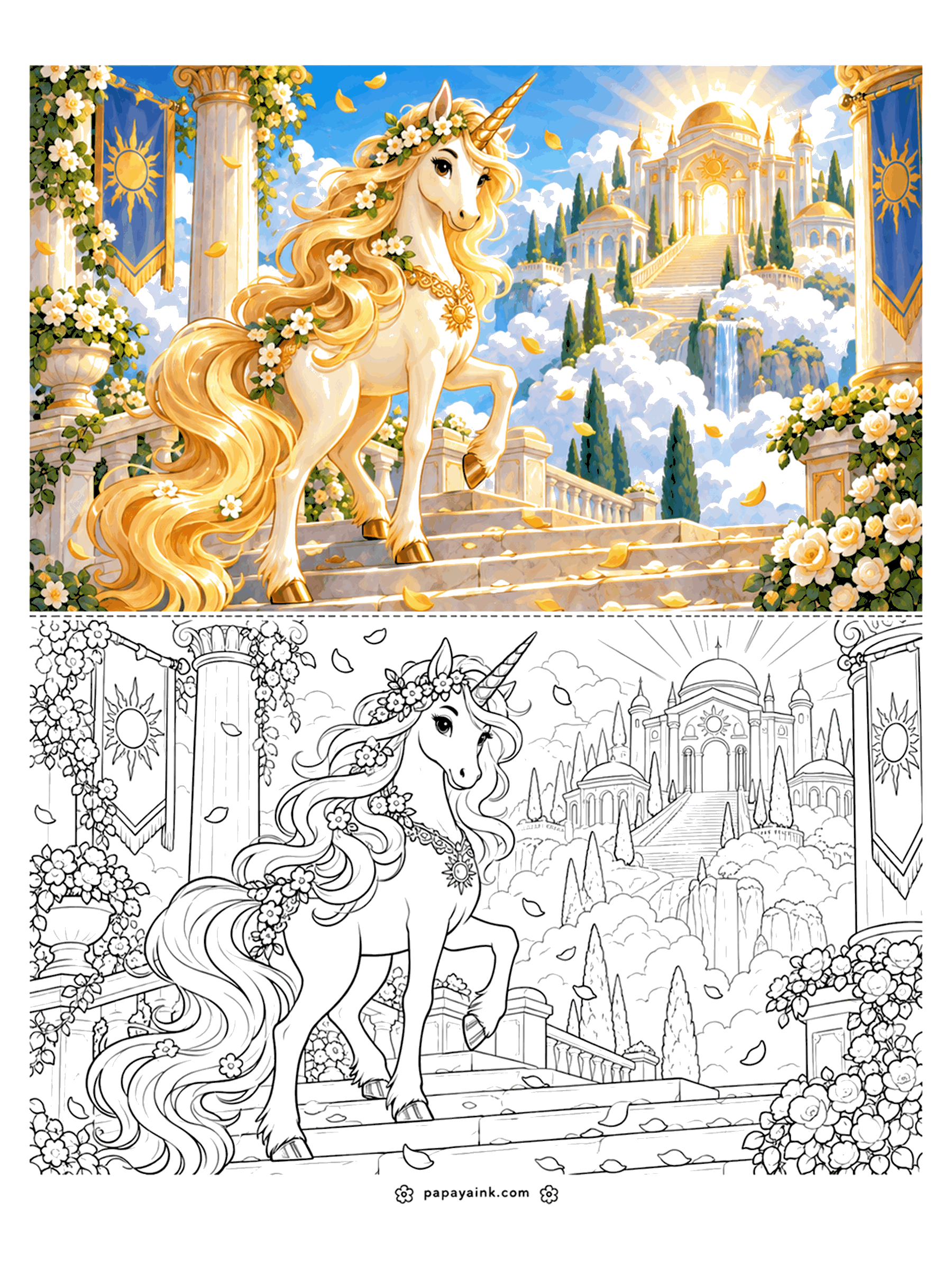 Unicorn Coloring Pages - Golden Unicorn Coloring Page with Color Sample: a golden-maned unicorn in a white flower garland climbs marble steps toward a domed sun palace above the clouds, with sun banners and drifting petals. Detailed.