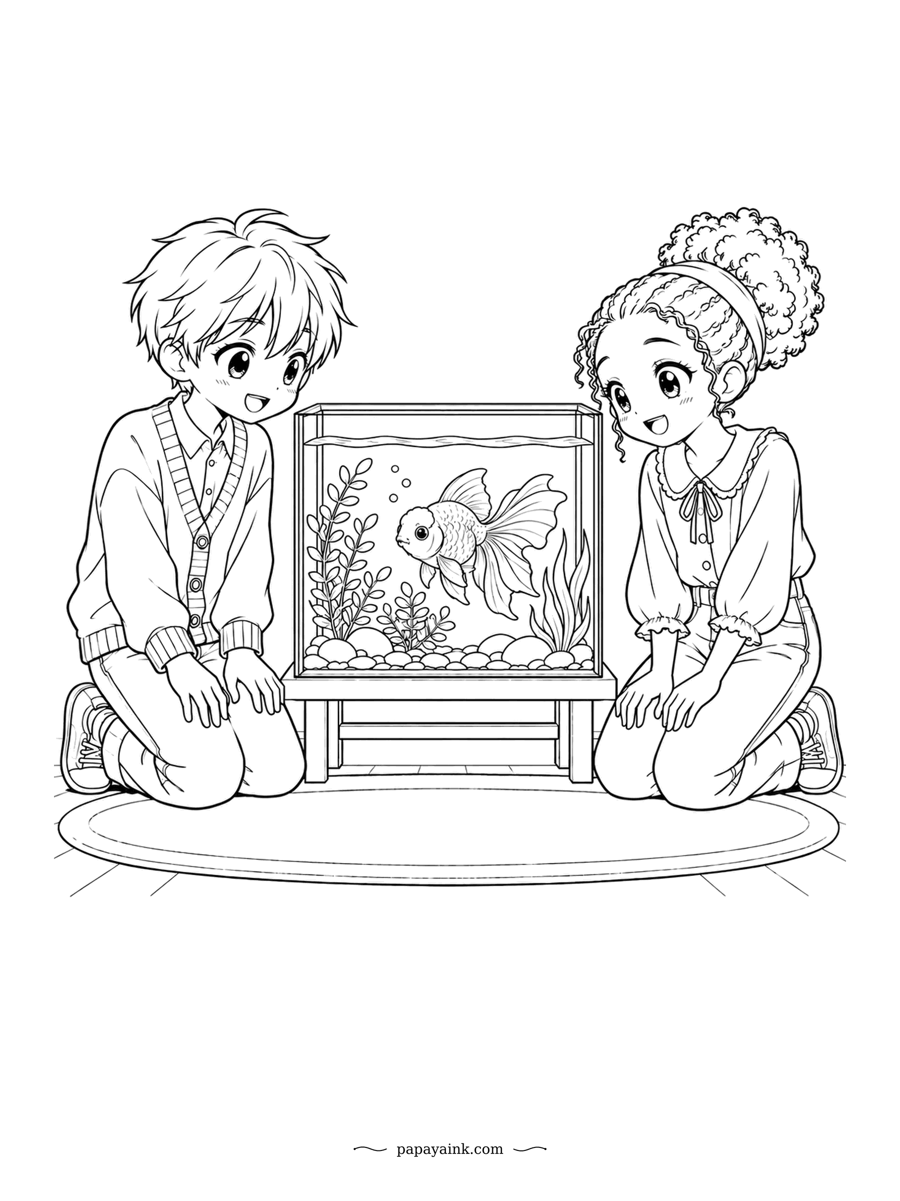 Cute Anime Coloring Pages - Down on the rug, two young fish fans lean in to a small aquarium where a fancy goldfish trails its long fins. Pebbles and plants decorate the tank. An easy page with a bright orange star in the middle.