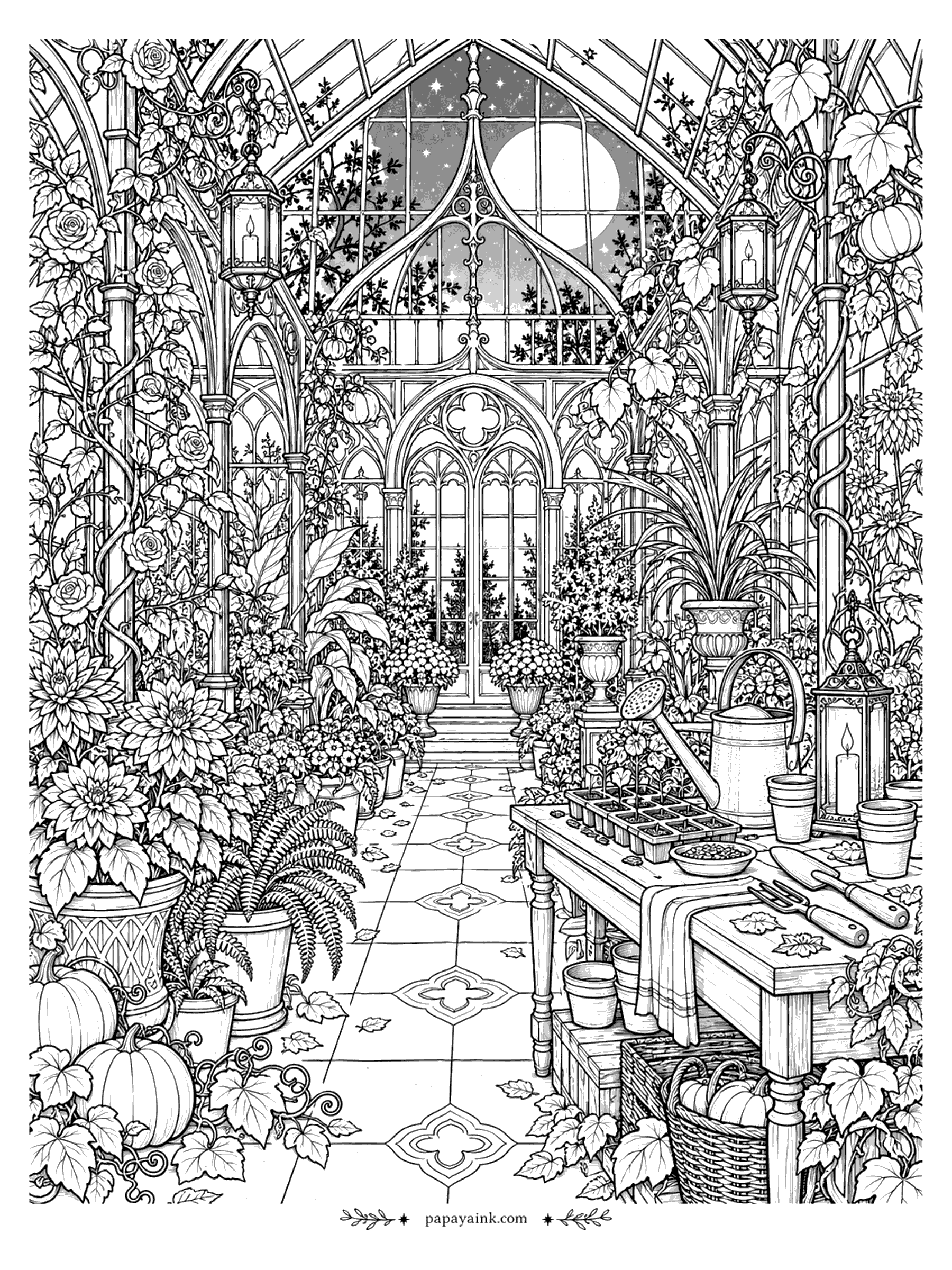 Halloween Coloring Pages for Adults - Victorian gothic greenhouse at night under a full moon, filled with climbing roses, dahlias, ferns, lanterns, a potting bench, and pumpkins (Detailed)