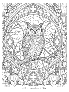 Halloween Coloring Pages for Adults - Great horned owl perched inside a gothic stained-glass rose window, with bats, ivy, and pumpkins framing the arches (Detailed)
