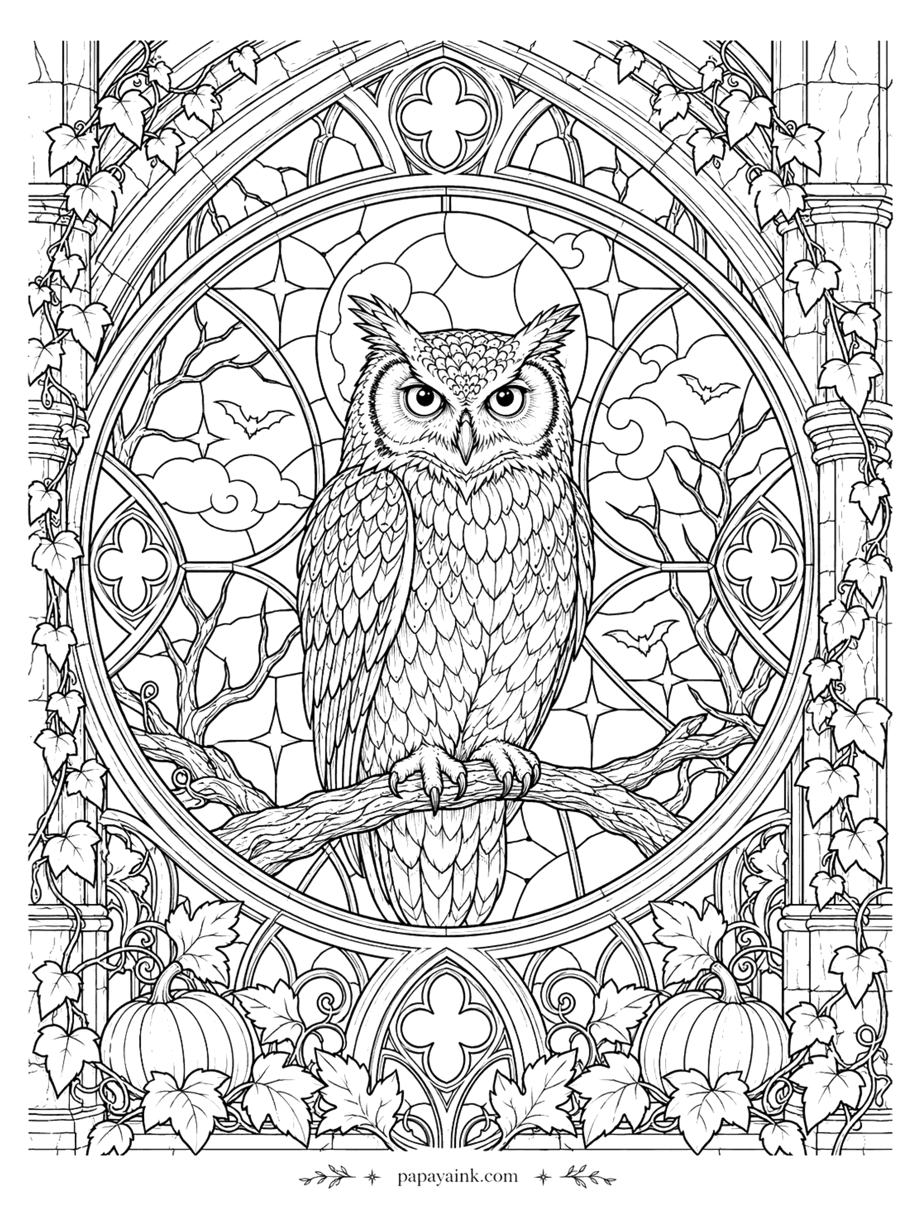 Halloween Coloring Pages for Adults - Great horned owl perched inside a gothic stained-glass rose window, with bats, ivy, and pumpkins framing the arches (Detailed)