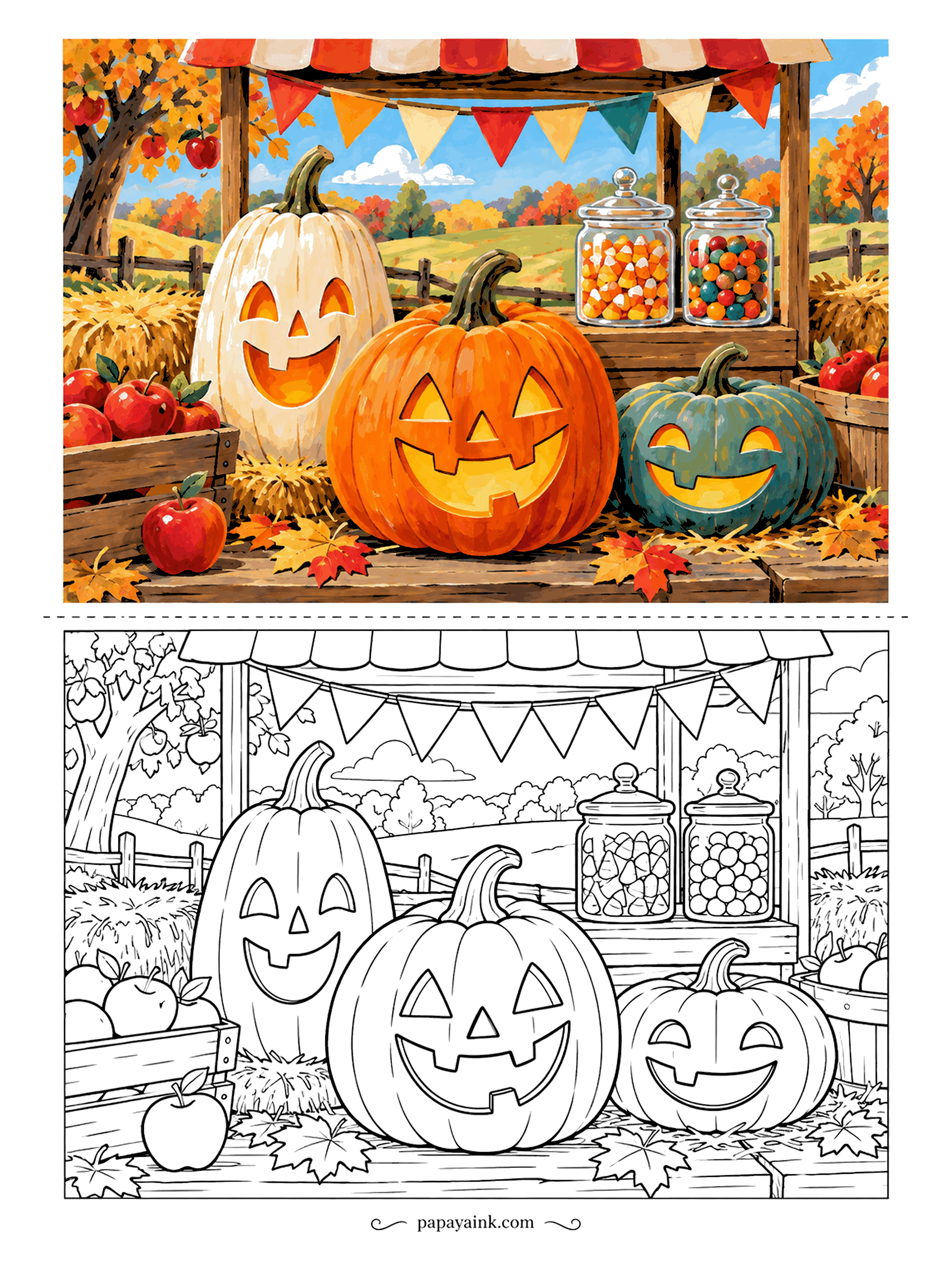 Pumpkin Coloring Pages - Three carved pumpkins wait for buyers at the farm stand: one white, one classic orange, one blue-green. Jars of candy corn and gumballs sit behind them, apples spill from crates and bunting hangs from the roof.