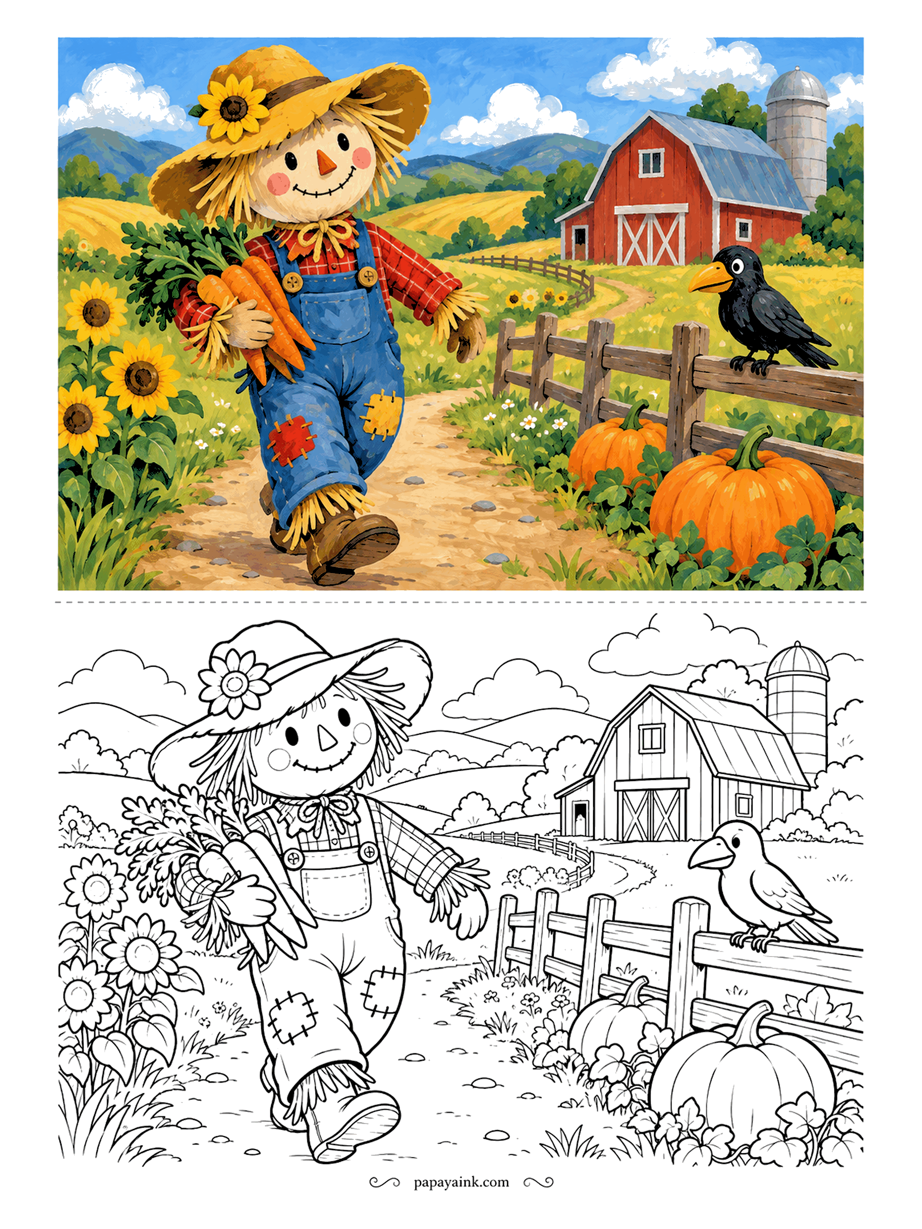 Scarecrow Coloring Pages - Heading home with an armful of carrots, the scarecrow walks a dirt lane past the barn and silo. A crow on the fence rail watches him go - the one job a scarecrow has, quietly abandoned. Naive gouache style, simple bold areas.