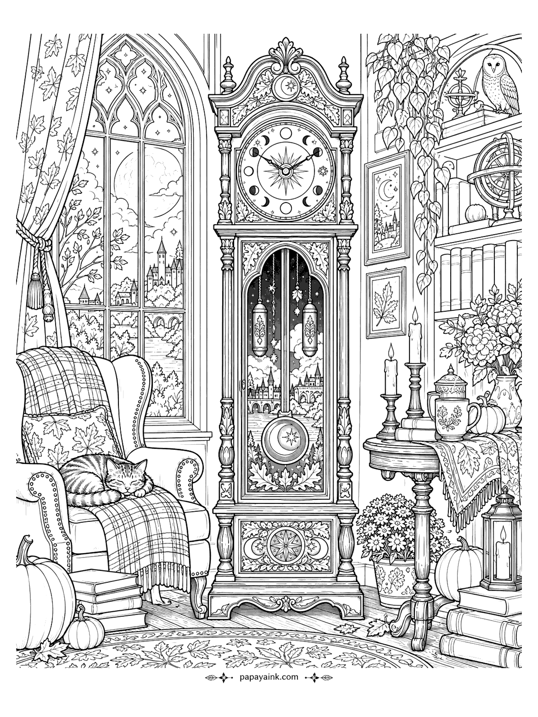 Halloween Coloring Pages for Adults - Ornate grandfather clock with a moon-phase face beside a plaid armchair, sleeping tabby cat, gothic window, candles, and pumpkins (Detailed)