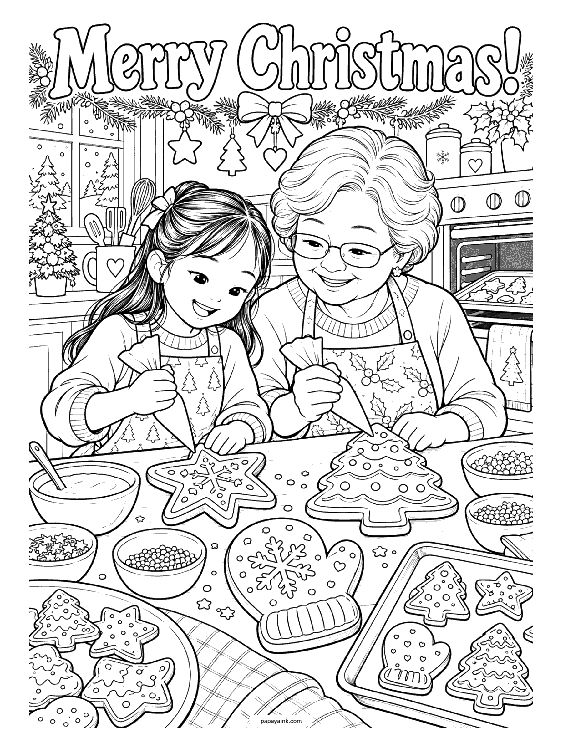 Merry Christmas Coloring Pages - A grandmother and her granddaughter pipe icing onto star, tree, and mitten cookies in a kitchen decorated for Christmas. Detailed