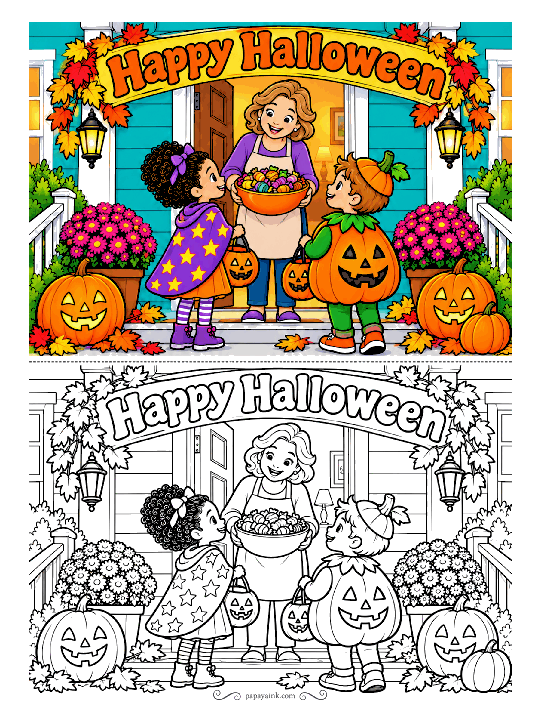 Halloween Coloring Pages - The lady of the house opens the door with a bowl of candy for a star-caped girl and a boy dressed as a pumpkin, both buckets held out. Lanterns, mums and a banner overhead - Detailed.