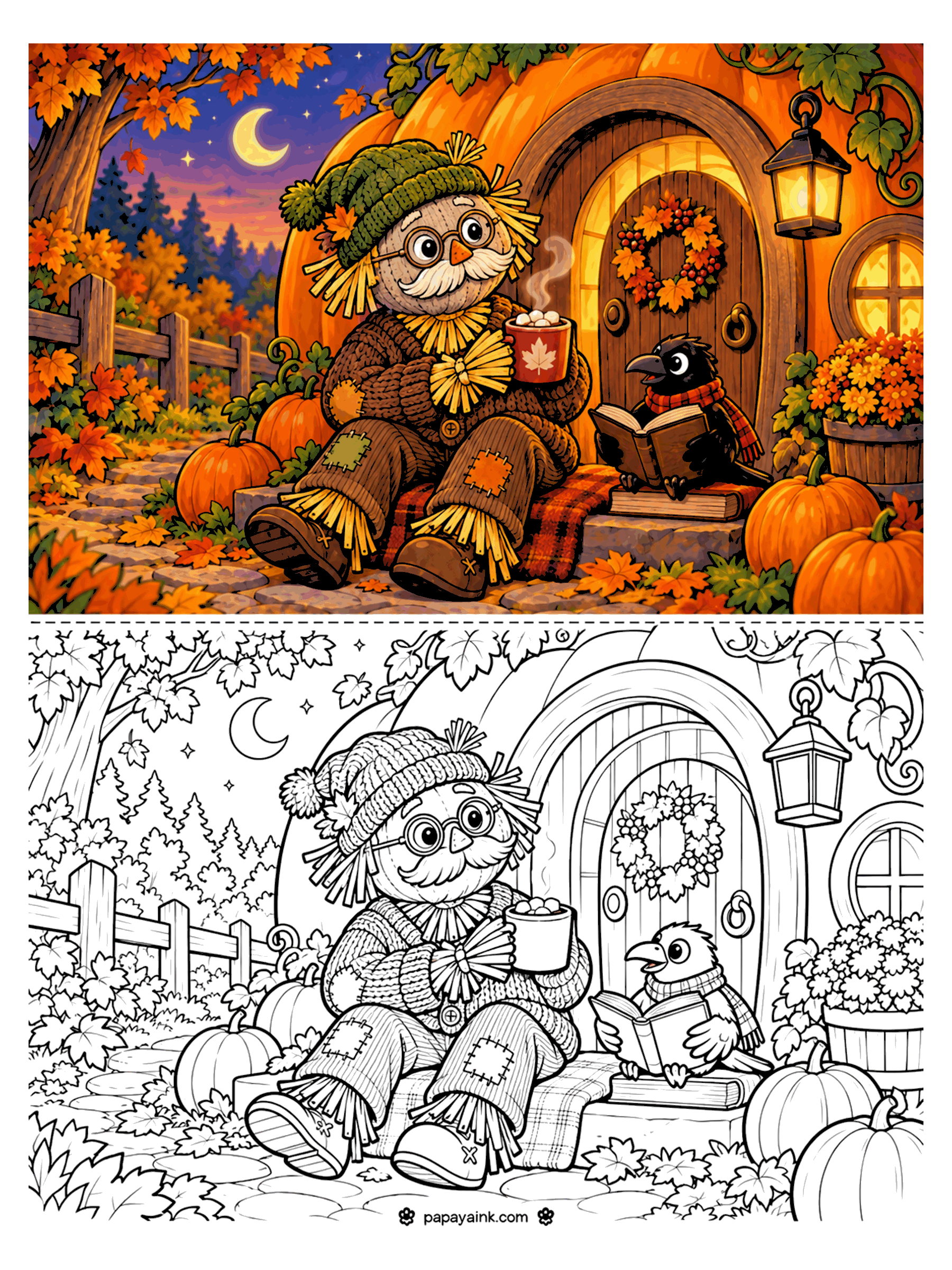 Scarecrow Coloring Pages - A grandpa scarecrow in a knit hat sips cocoa on the steps of his pumpkin cottage while a crow in a scarf reads a book beside him.