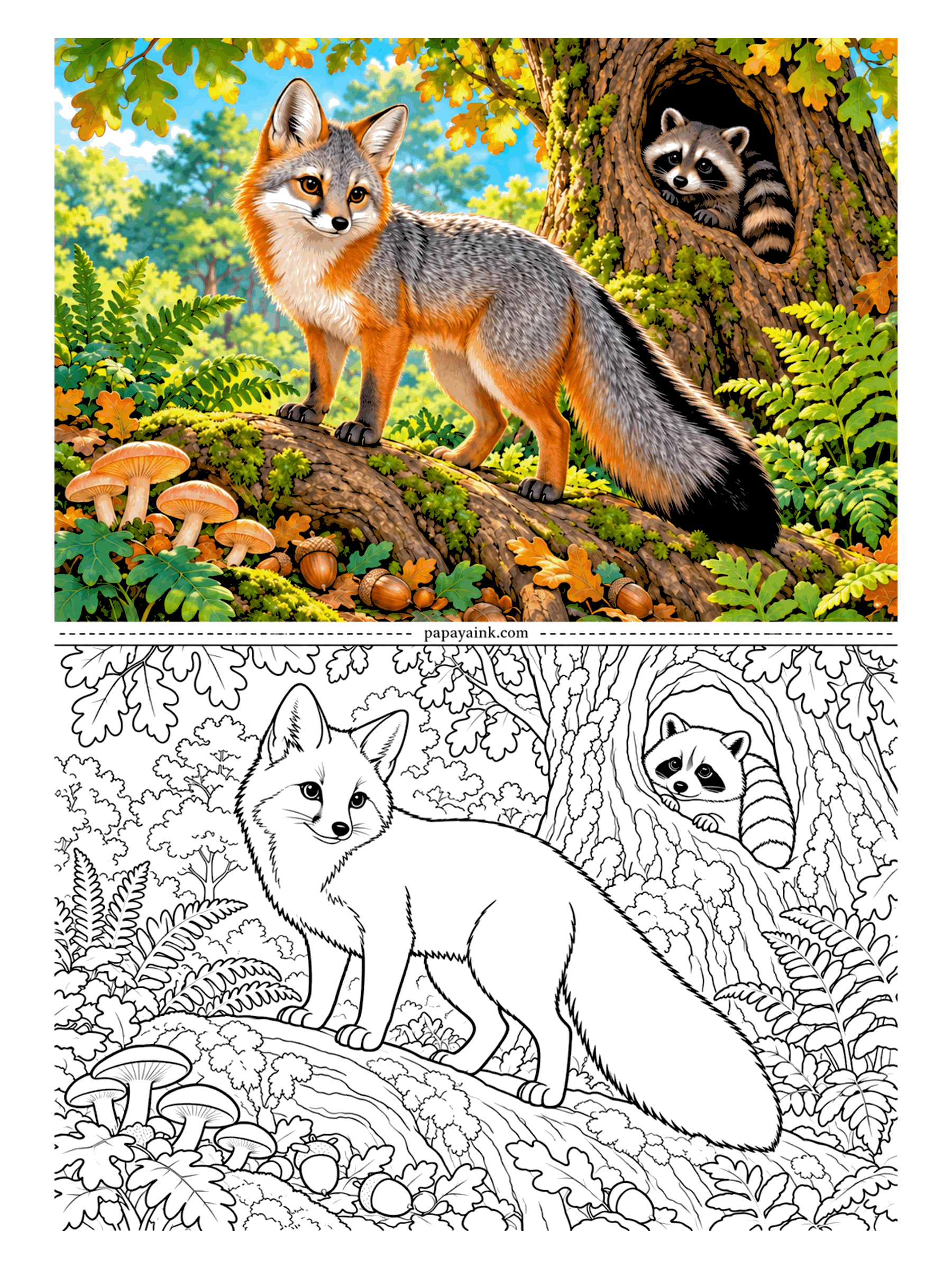 Fox Coloring Pages - The gray fox is the tree climber of the fox family, so the raccoon peeking out of the hollow oak should not feel too safe up there. Salt-and-pepper back, rusty sides, black-tipped tail. Acorns, ferns and mushrooms all around. Detailed.