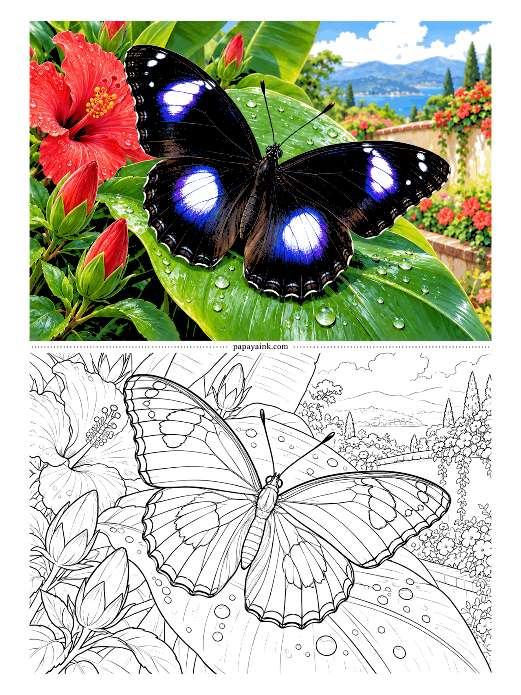 Butterfly Coloring Pages - After rain: a great eggfly on a broad wet leaf, red hibiscus on one side, a sunny coastline on the other. Each wing carries one white patch ringed in violet-blue - leave the patches pure white, color only the halo, then the water drops.