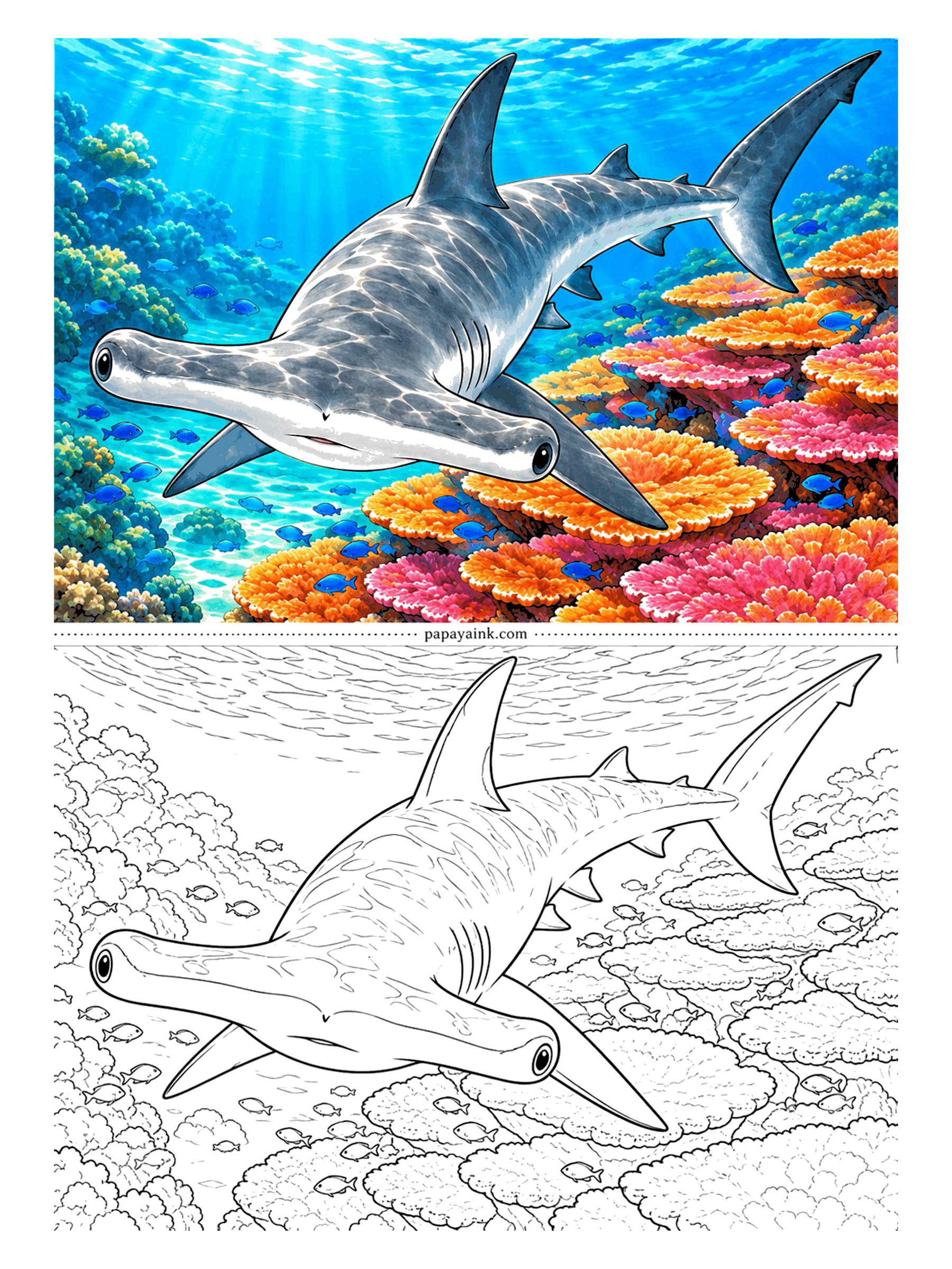 Shark Coloring Pages - Why the hammer? Eyes set at the far ends of the head give a wider view, and the broad head is packed with sensors that find stingrays buried in the sand. Save your loudest pinks and oranges for the reef.