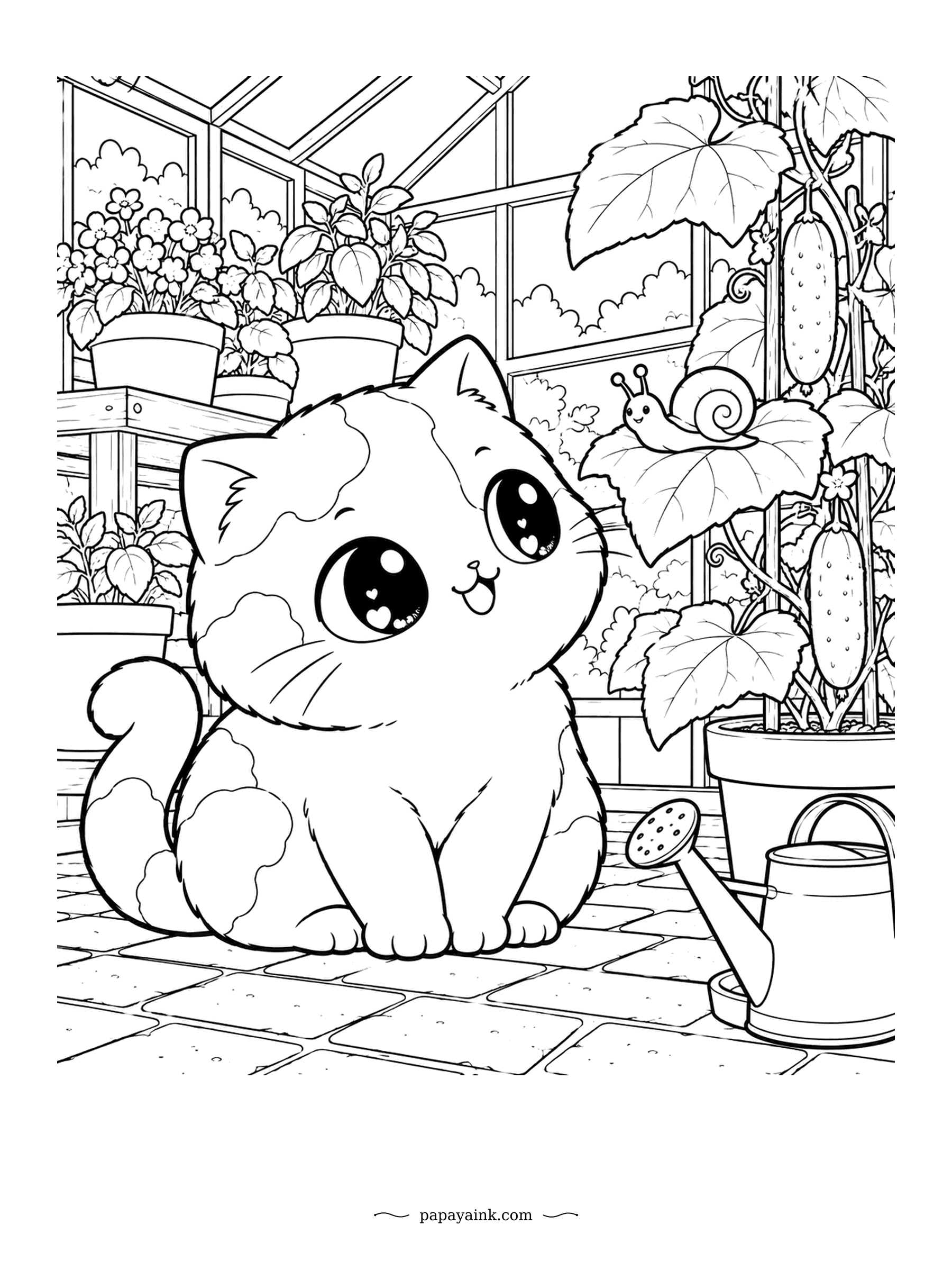 Kawaii Cat Coloring Pages - A tiny snail has climbed onto a cucumber leaf, and a chubby kitten is watching it with total fascination. Pots, a watering can and trellised vines crowd the greenhouse. Soft patches on the coat make good spots for a second shade.