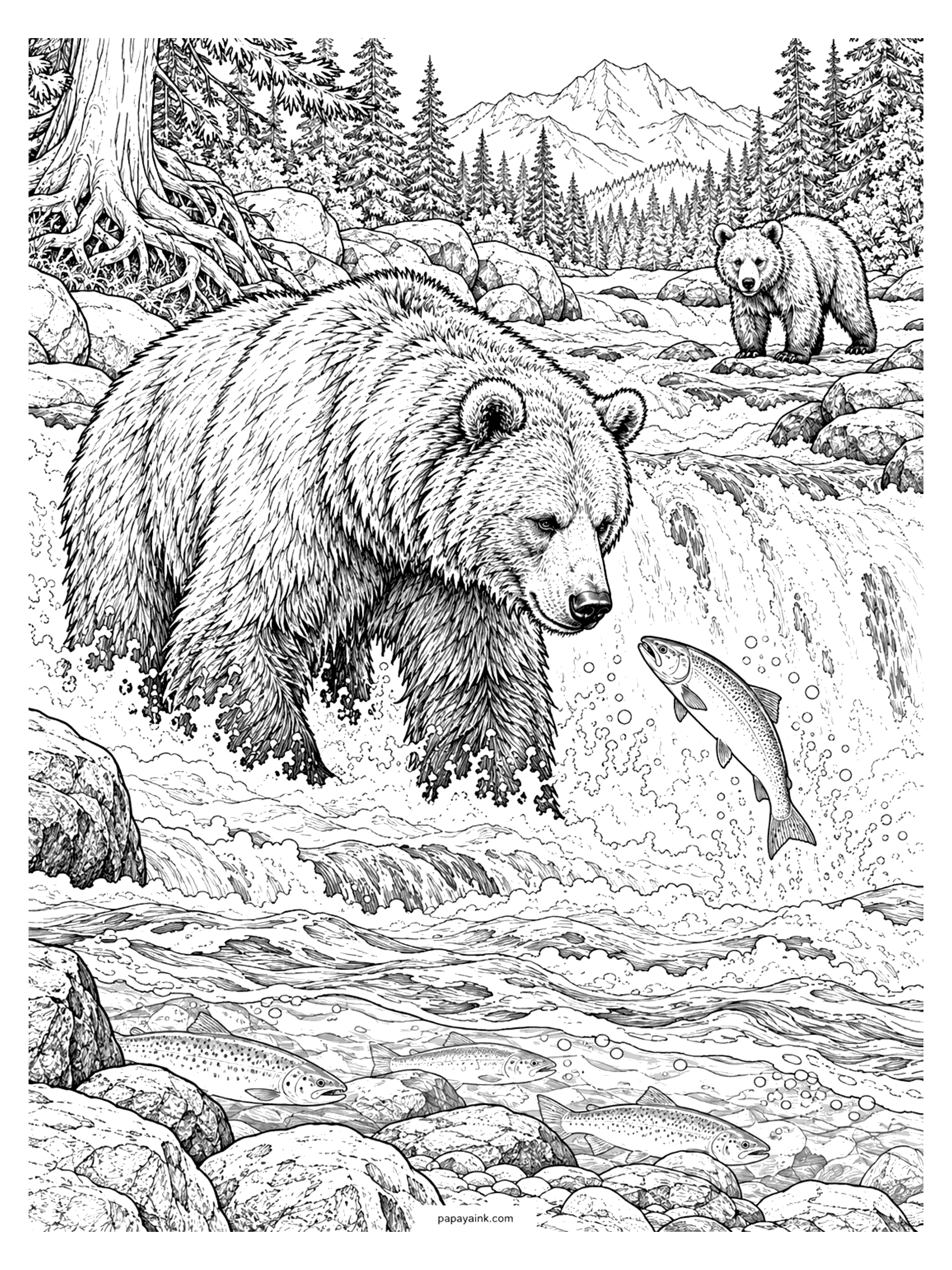 Bear Coloring Pages - A huge grizzly stands in the rapids as a salmon leaps up the waterfall right in front of its nose, more fish gliding through the clear pool below. Detailed.