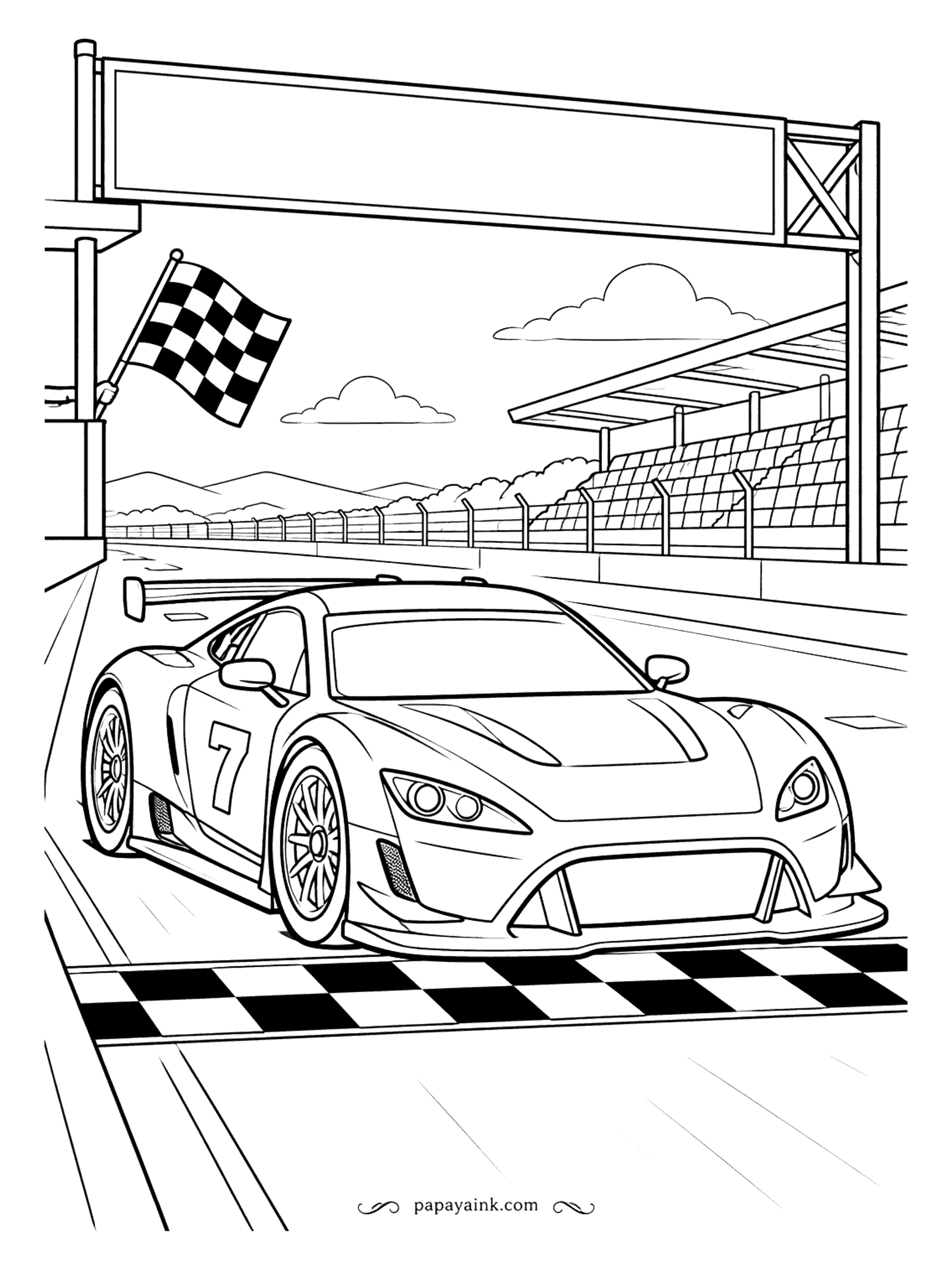 Race Car Coloring Pages - Across the line, and the flag is still waving overhead. The GT car wearing a 7 has the start-finish straight to itself, the grandstand empty behind the gantry. A blank banner up top is yours to letter - a name, a team, a date.