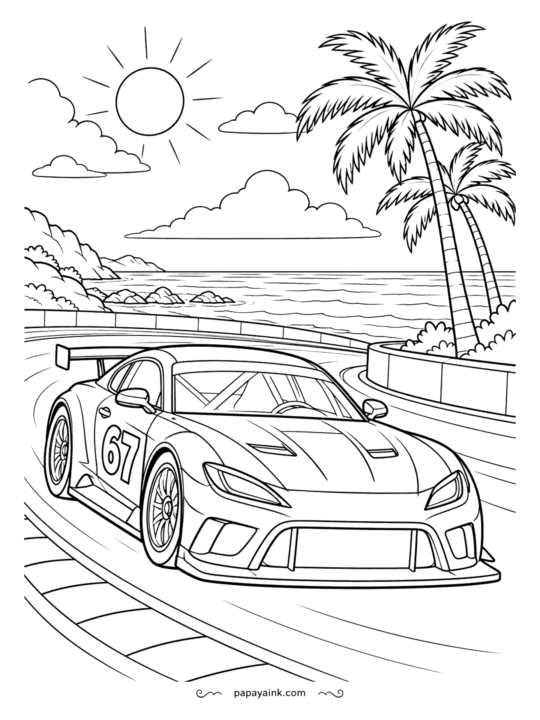Race Car Coloring Pages - Right by the beach, the track bends along the seawall, and the GT car follows it with the ocean close enough to smell. Palms and a sun with every ray drawn. Paint the sea first, then pick a car color that pops against it.