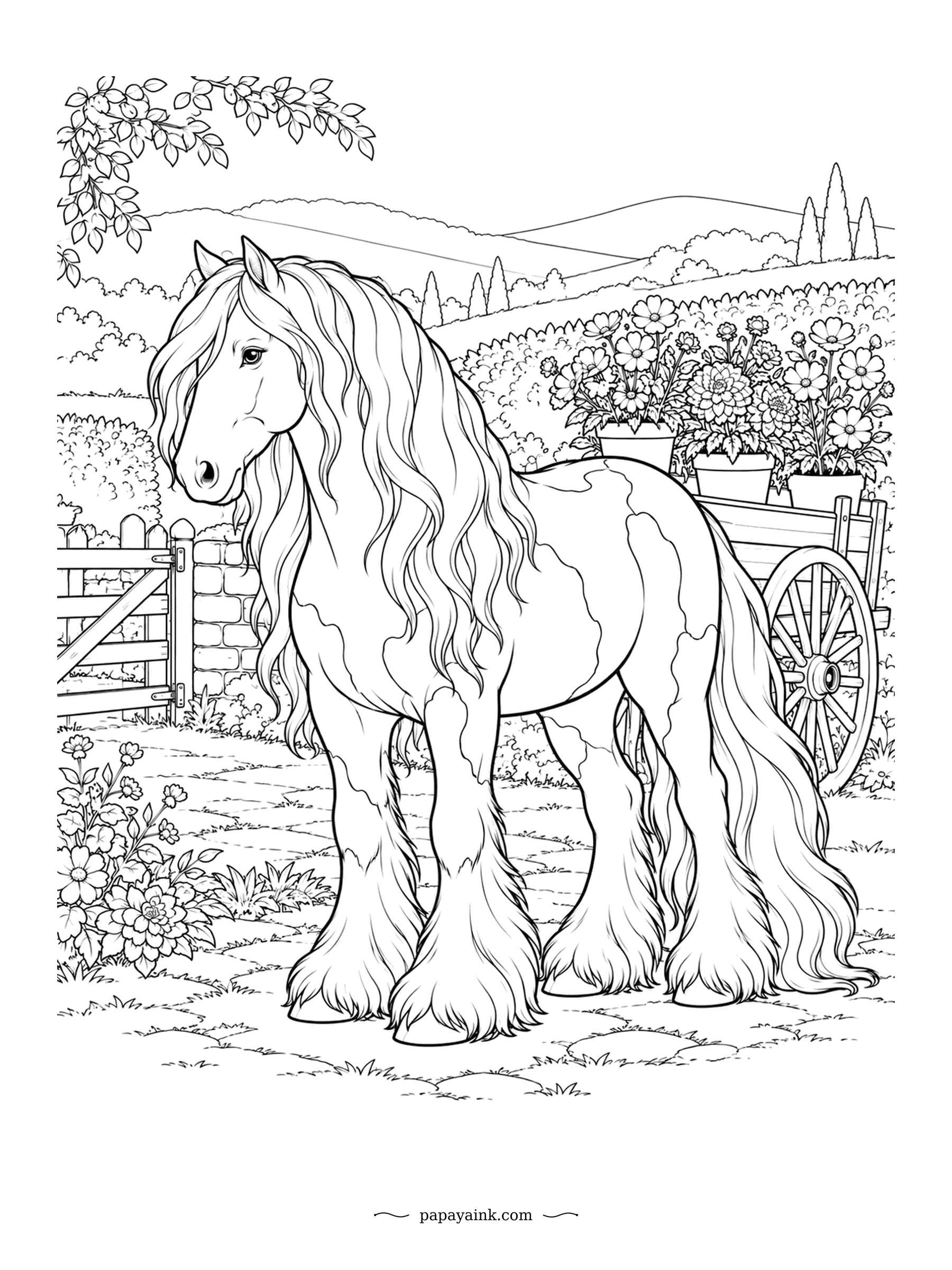 Horse Coloring Pages - Patches, feathers to the ground and hair that needs its own comb, beside a flower cart at the garden gate. Gypsy Vanners were raised to pull the painted wagons of travelling families in the British Isles. Pots of blooms on the cart invite bright color.