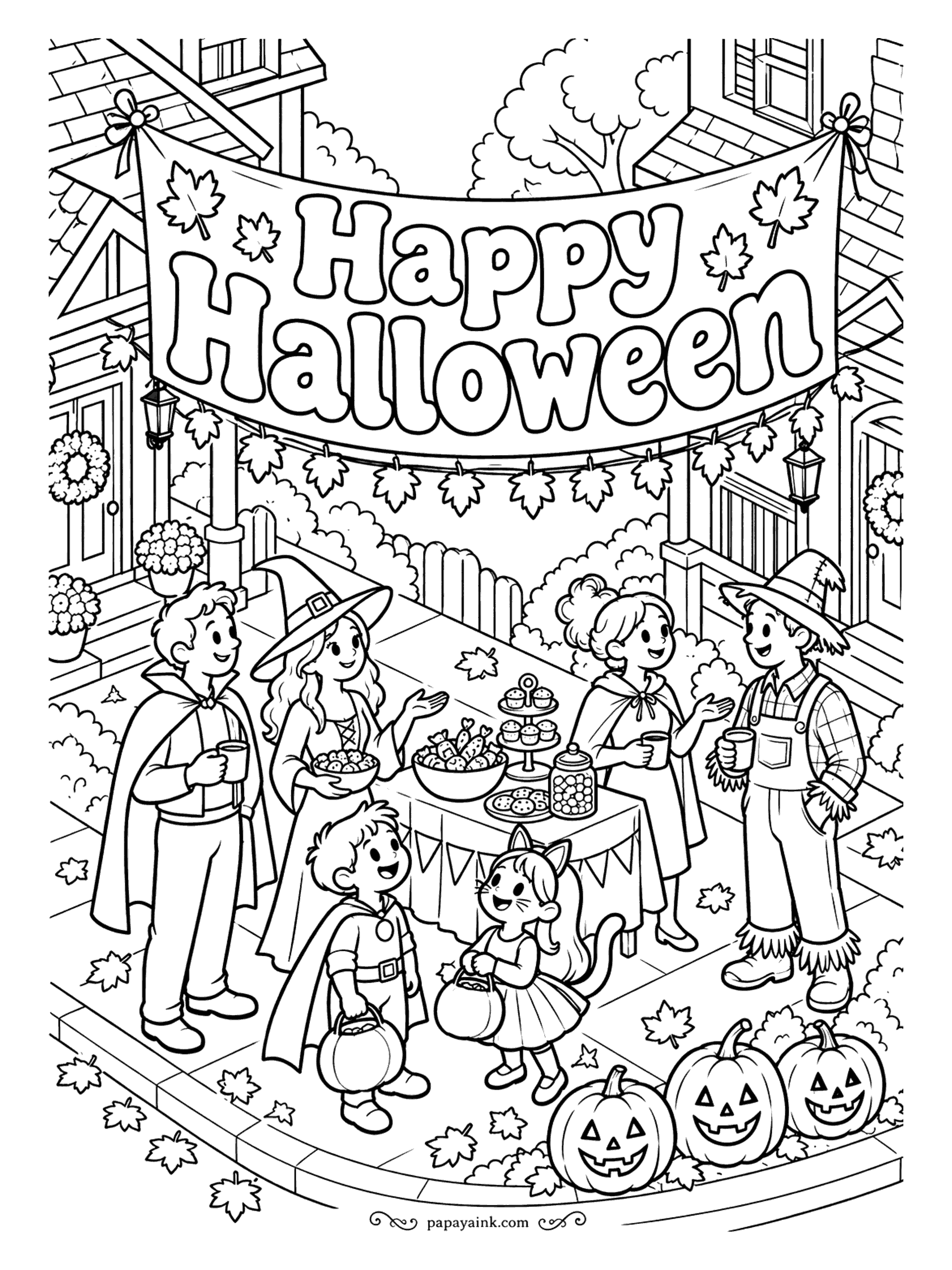Halloween Coloring Pages - Block party on a leaf-strewn street. Neighbors in vampire capes, witch hats and overalls gather around a treat table under a banner, with pumpkins lined up along the curb. Detailed - lots of small figures and windows.