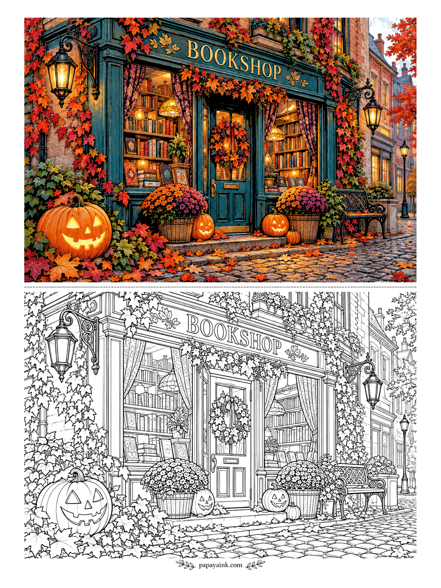 Halloween Coloring Pages for Adults - Ivy has nearly swallowed the BOOKSHOP sign, and jack-o'-lanterns guard the door between lamplit windows of books, a bench and cobbles finishing the corner. Red for the ivy, dark green for the shopfront, ochre for the lettering.